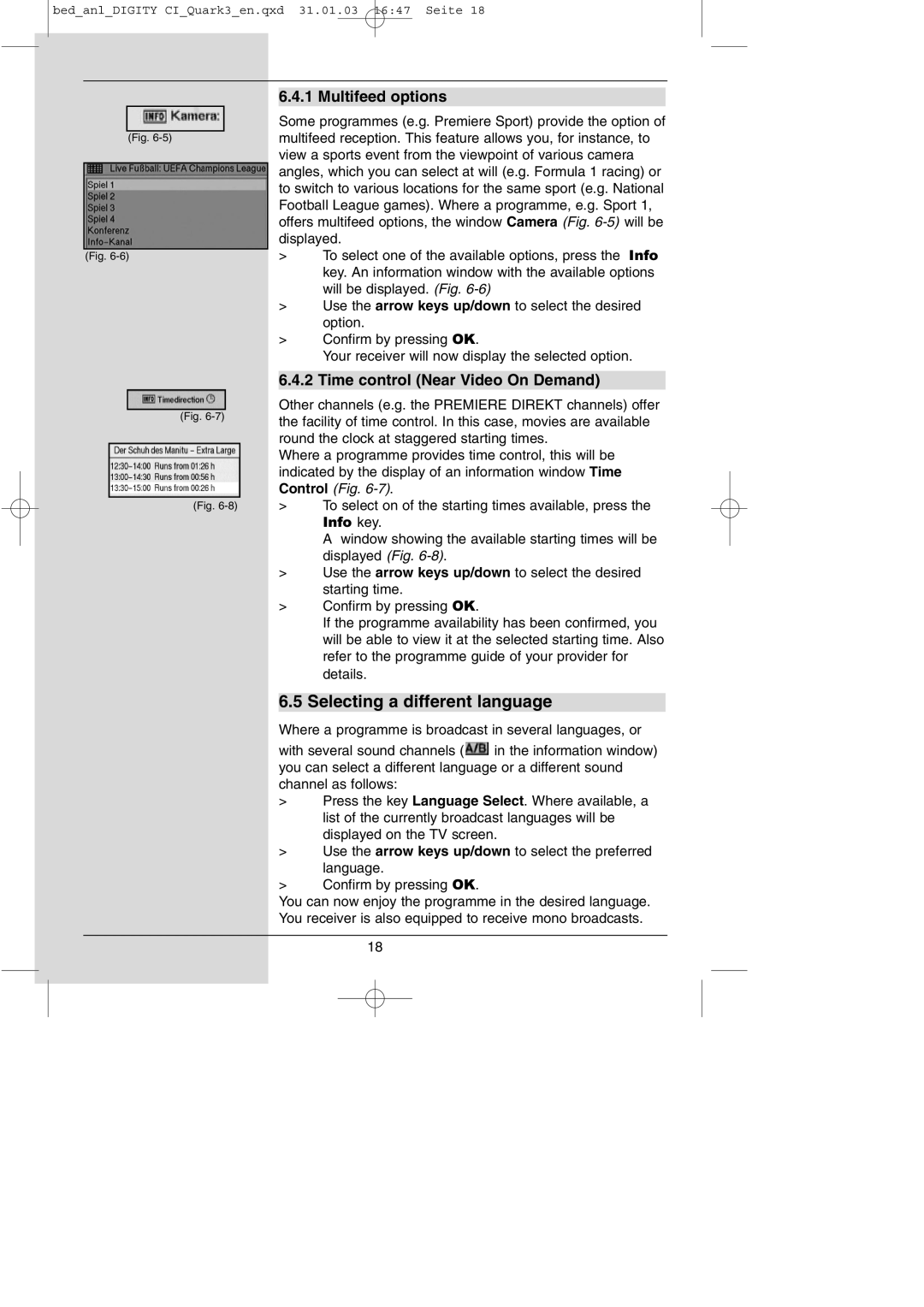 TechniSat DIGITY CI Operating Manual Selecting a different language, Multifeed options, Time control Near Video On Demand 