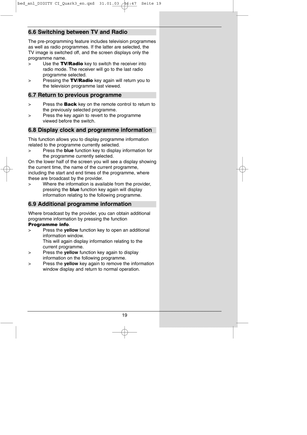 TechniSat DIGITY CI Operating Manual manual Switching between TV and Radio, Return to previous programme 