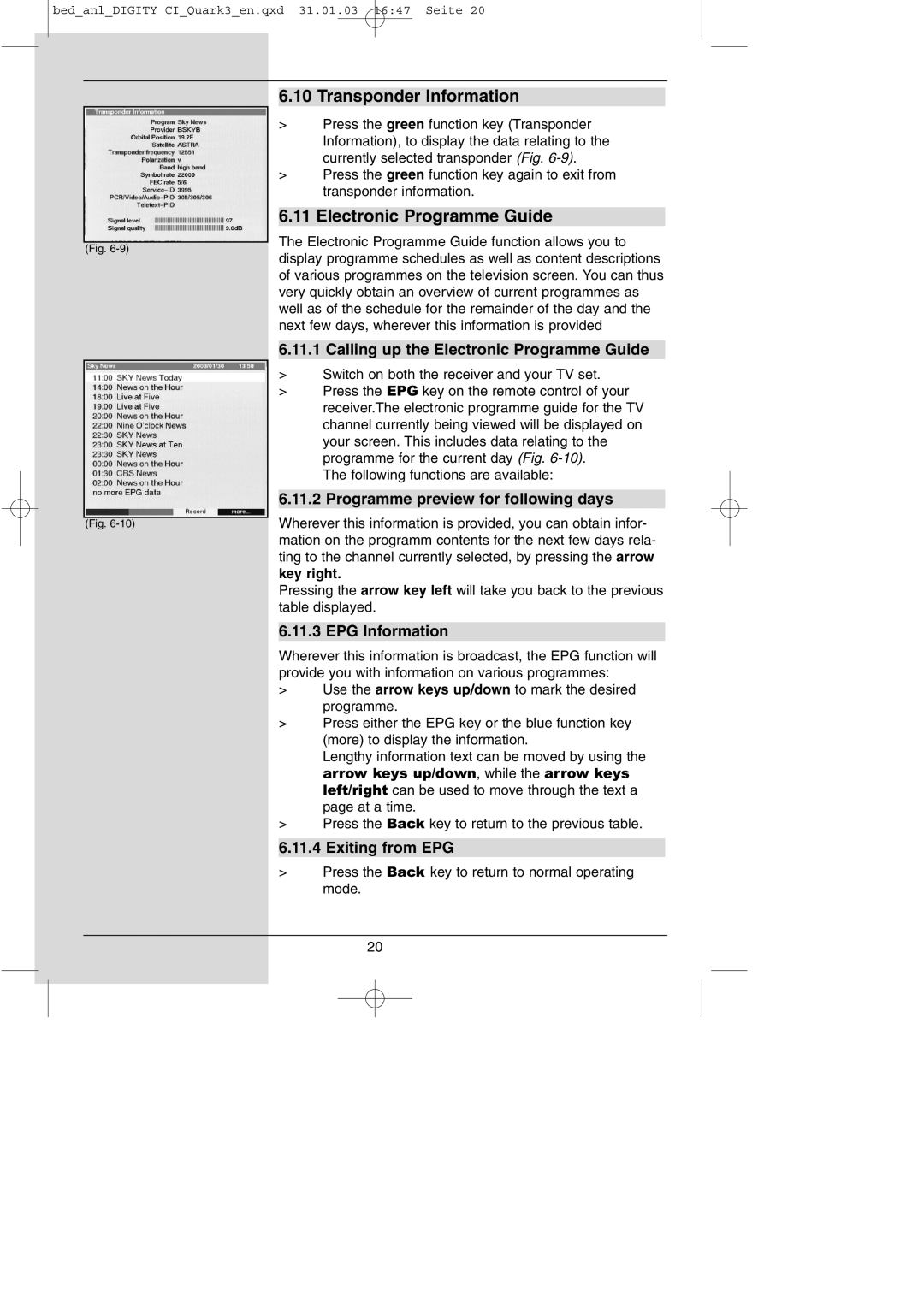 TechniSat DIGITY CI Operating Manual manual Transponder Information, Electronic Programme Guide 