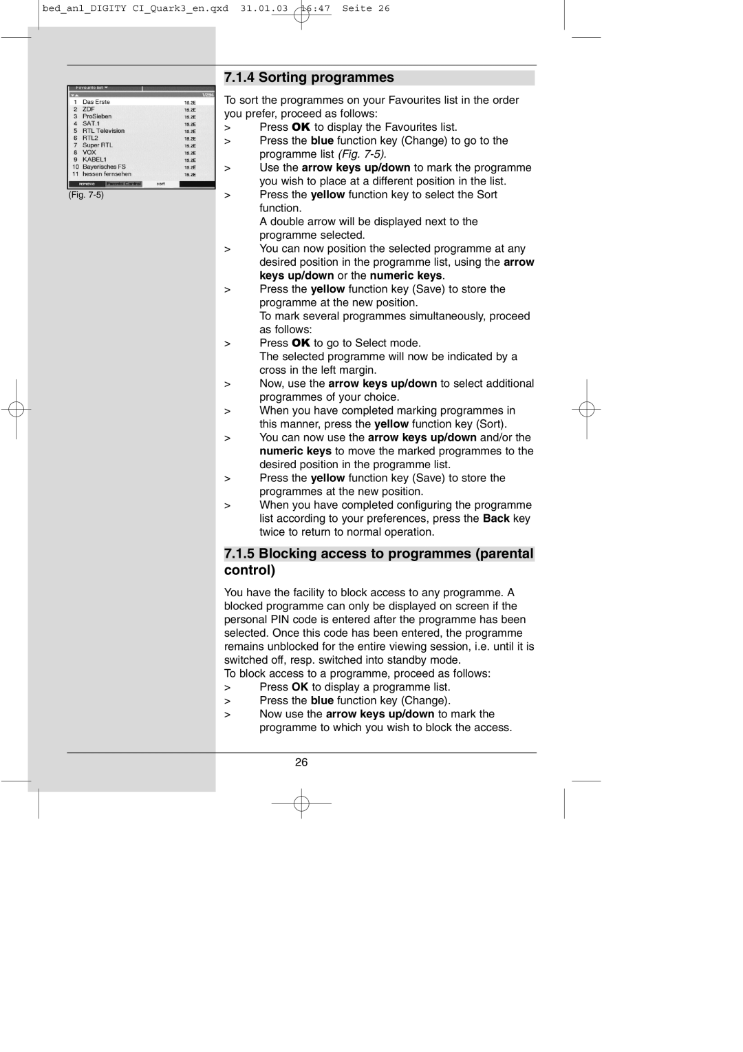 TechniSat DIGITY CI Operating Manual manual Sorting programmes, Blocking access to programmes parental control 