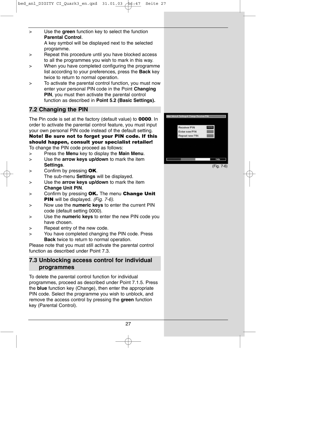 TechniSat DIGITY CI Operating Manual manual Changing the PIN, Unblocking access control for individual programmes, Settings 