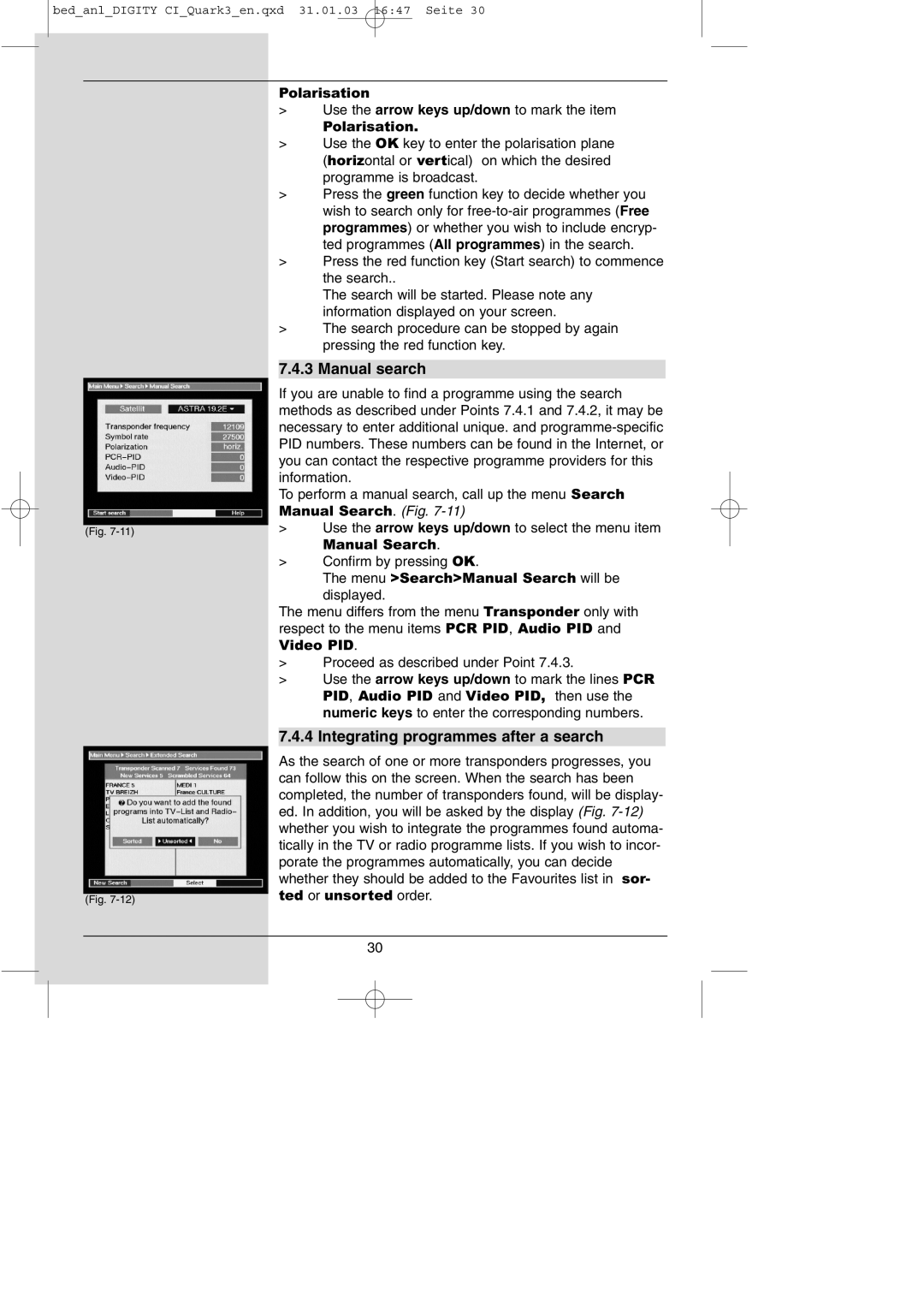 TechniSat DIGITY CI Operating Manual manual Manual search, Integrating programmes after a search 