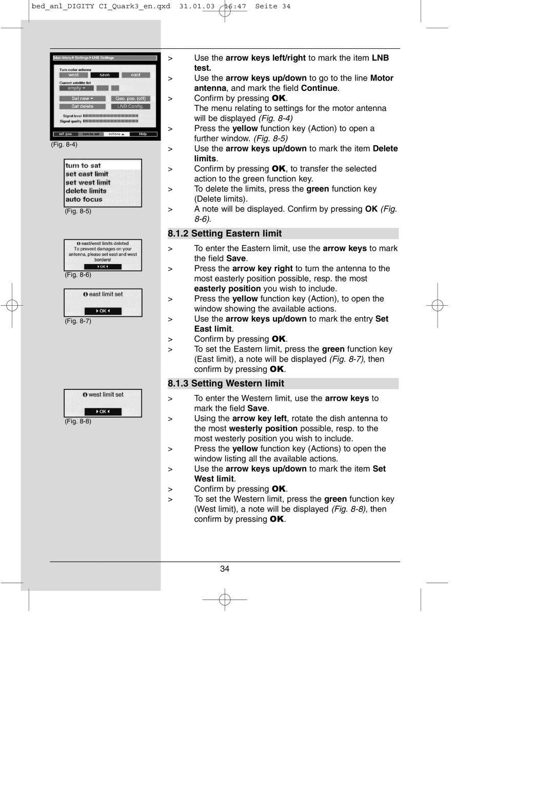 TechniSat DIGITY CI Operating Manual manual Setting Eastern limit, Setting Western limit 