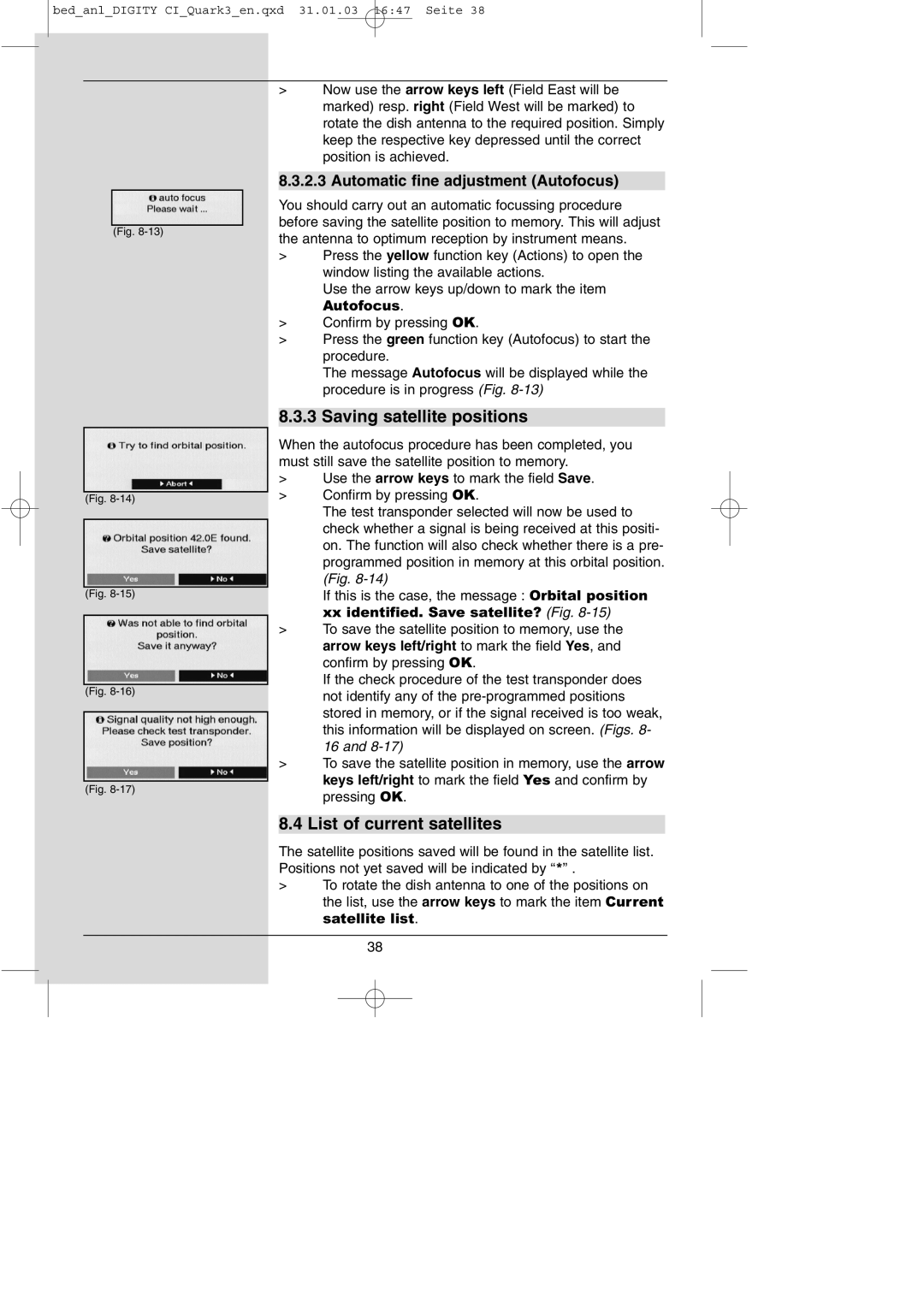 TechniSat DIGITY CI Operating Manual manual Saving satellite positions, List of current satellites 