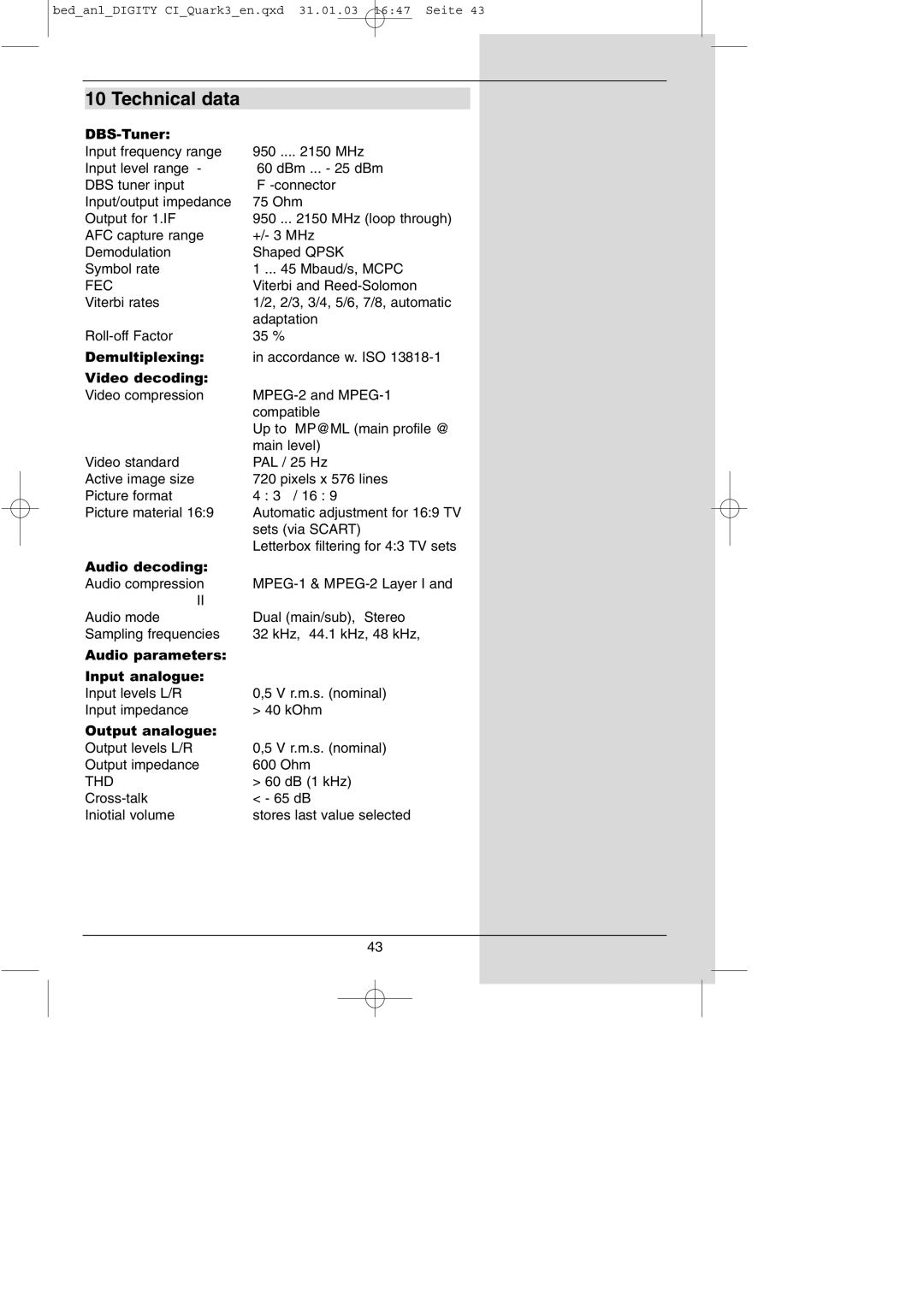 TechniSat DIGITY CI Operating Manual manual Technical data, Fec 