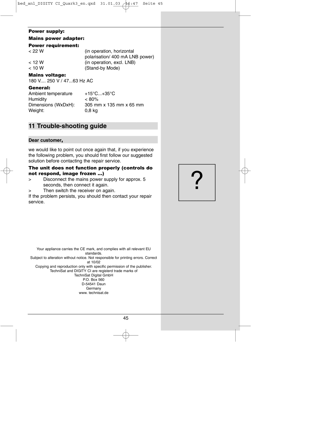 TechniSat DIGITY CI Operating Manual manual Trouble-shooting guide, Dear customer 