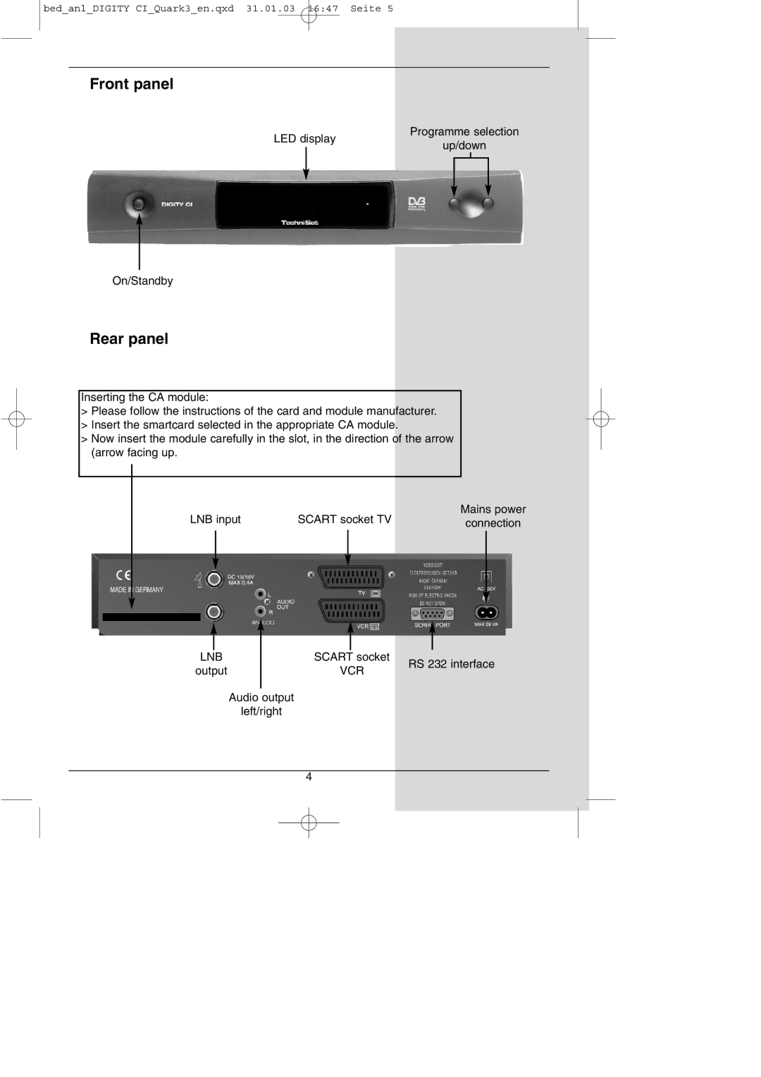 TechniSat DIGITY CI Operating Manual manual Front panel, Rear panel 