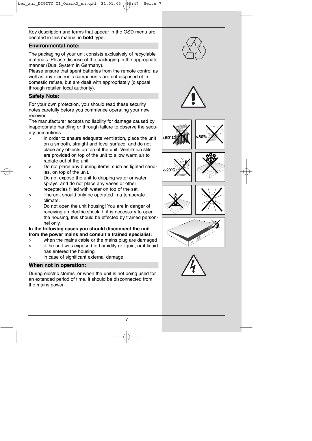 TechniSat DIGITY CI Operating Manual manual Environmental note, Safety Note, When not in operation 