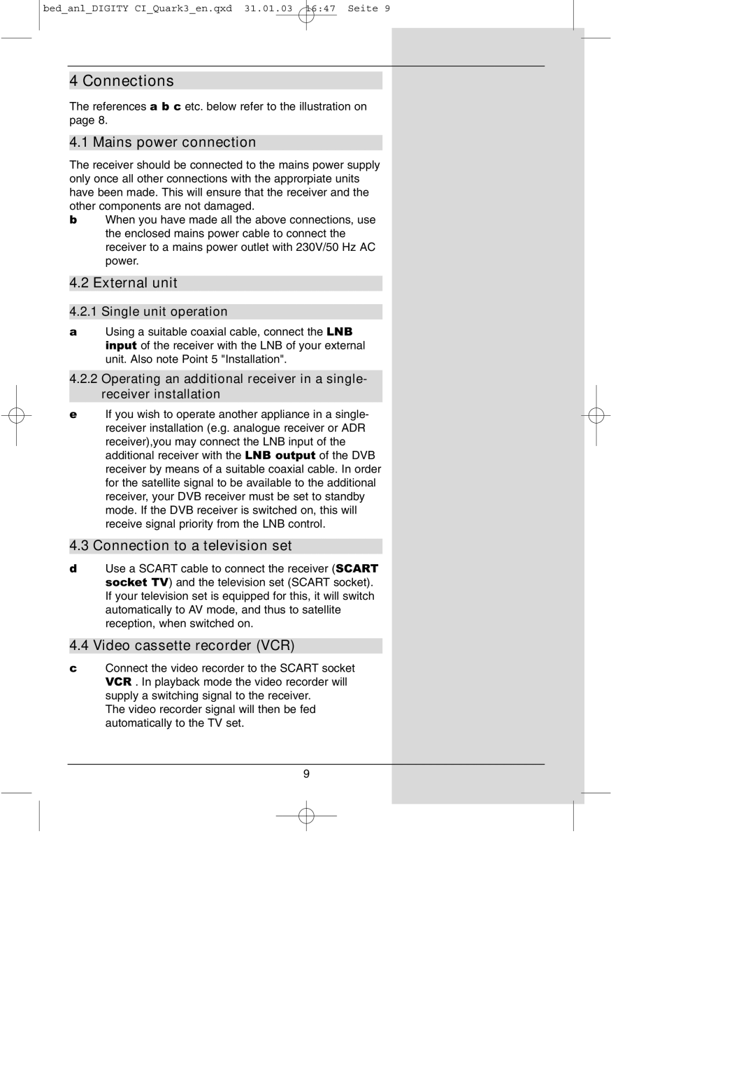 TechniSat DIGITY CI Operating Manual Connections, Mains power connection, External unit, Connection to a television set 