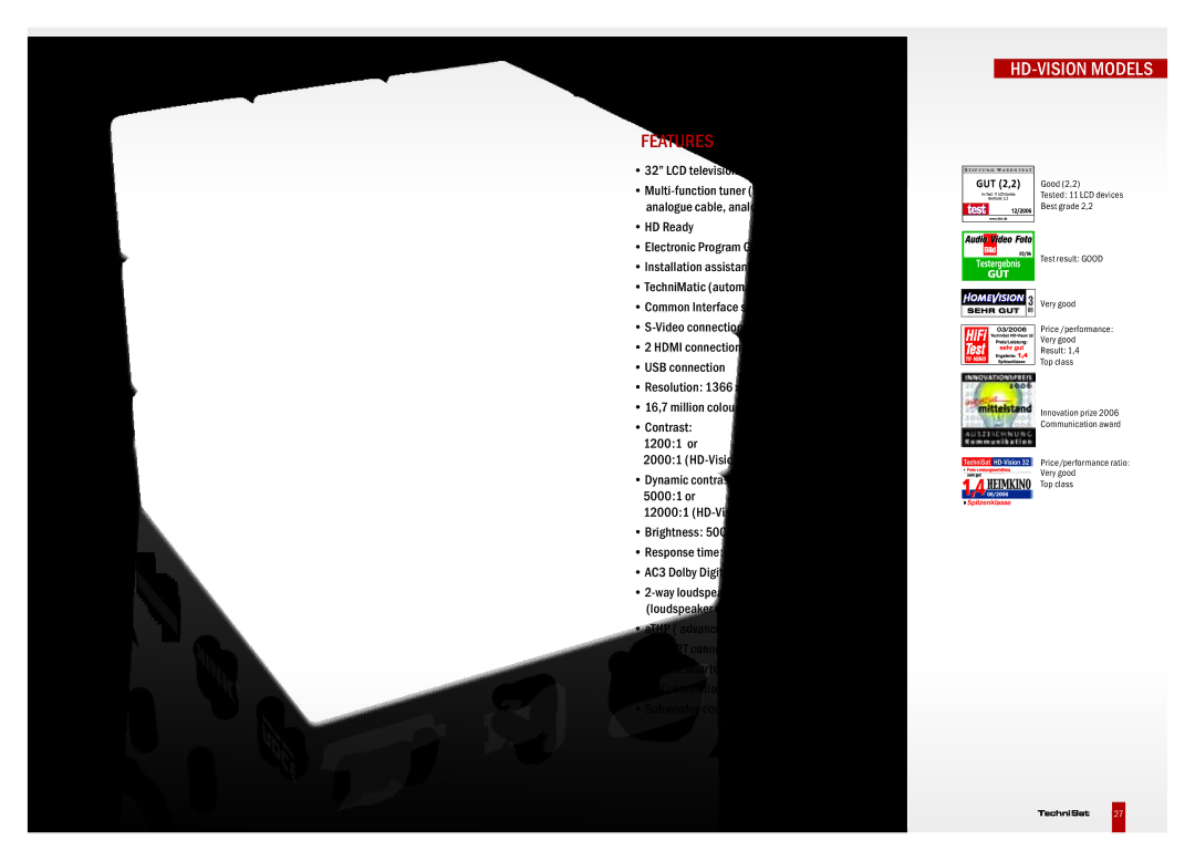 TechniSat DVB-S, DVB-T, DVB-C manual Features, LCD television set 169 81 cm visible image 