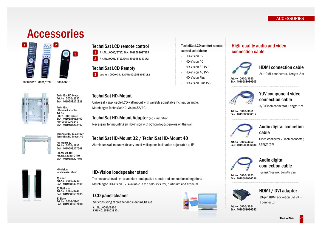 TechniSat DVB-C TechniSat LCD Remoty, TechniSat HD-Mount Adapter no illustration, HD-Vision loudspeaker stand, Cable 