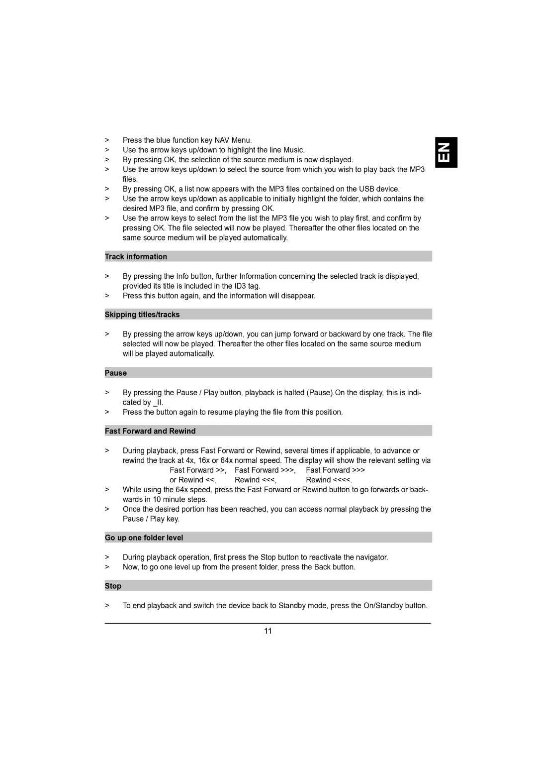 TechniSat DVB-S Track information, Skipping titles/tracks, Pause, Fast Forward and Rewind, Go up one folder level, Stop 