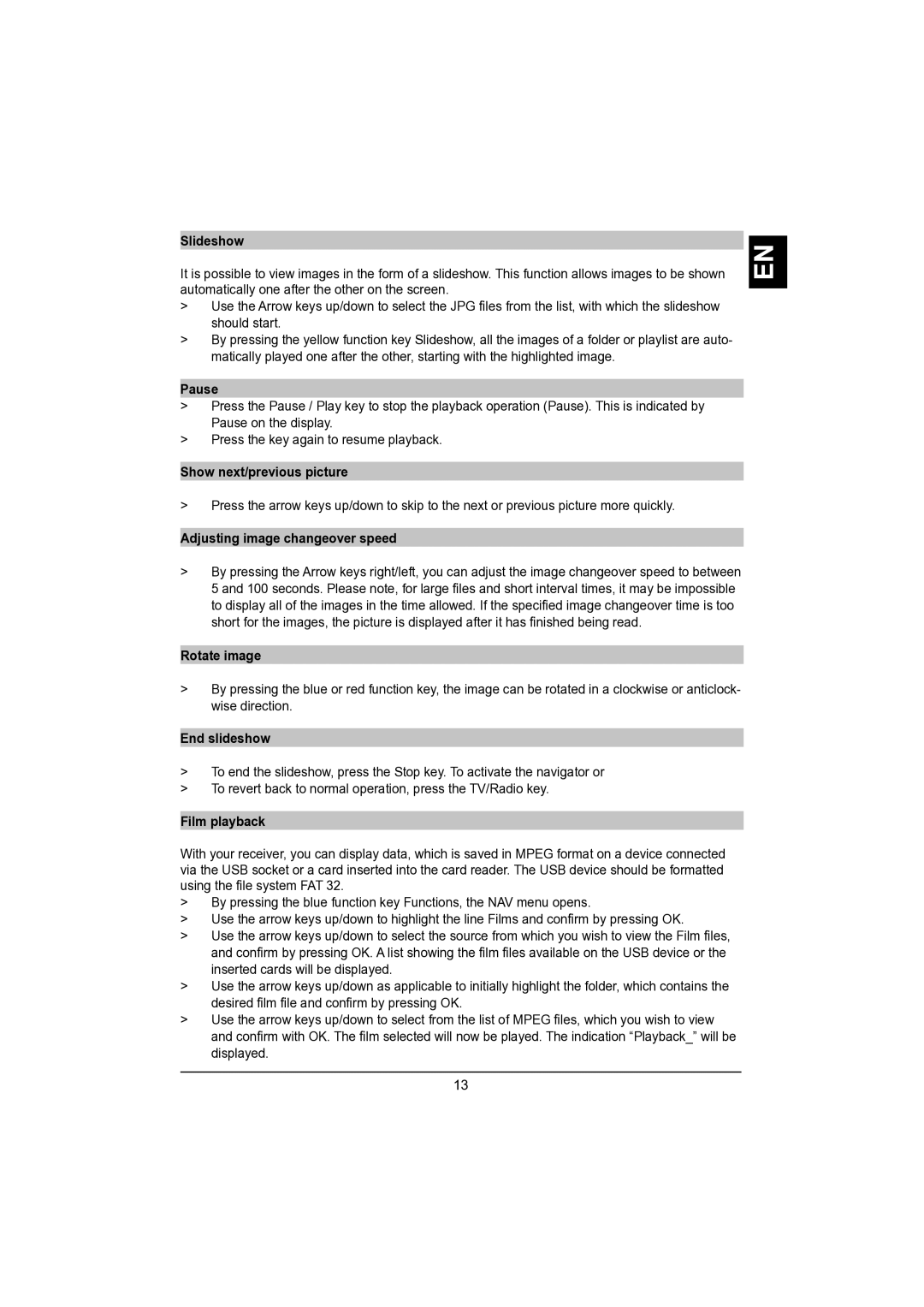 TechniSat DVB-S manual Slideshow, Adjusting image changeover speed, End slideshow, Film playback 