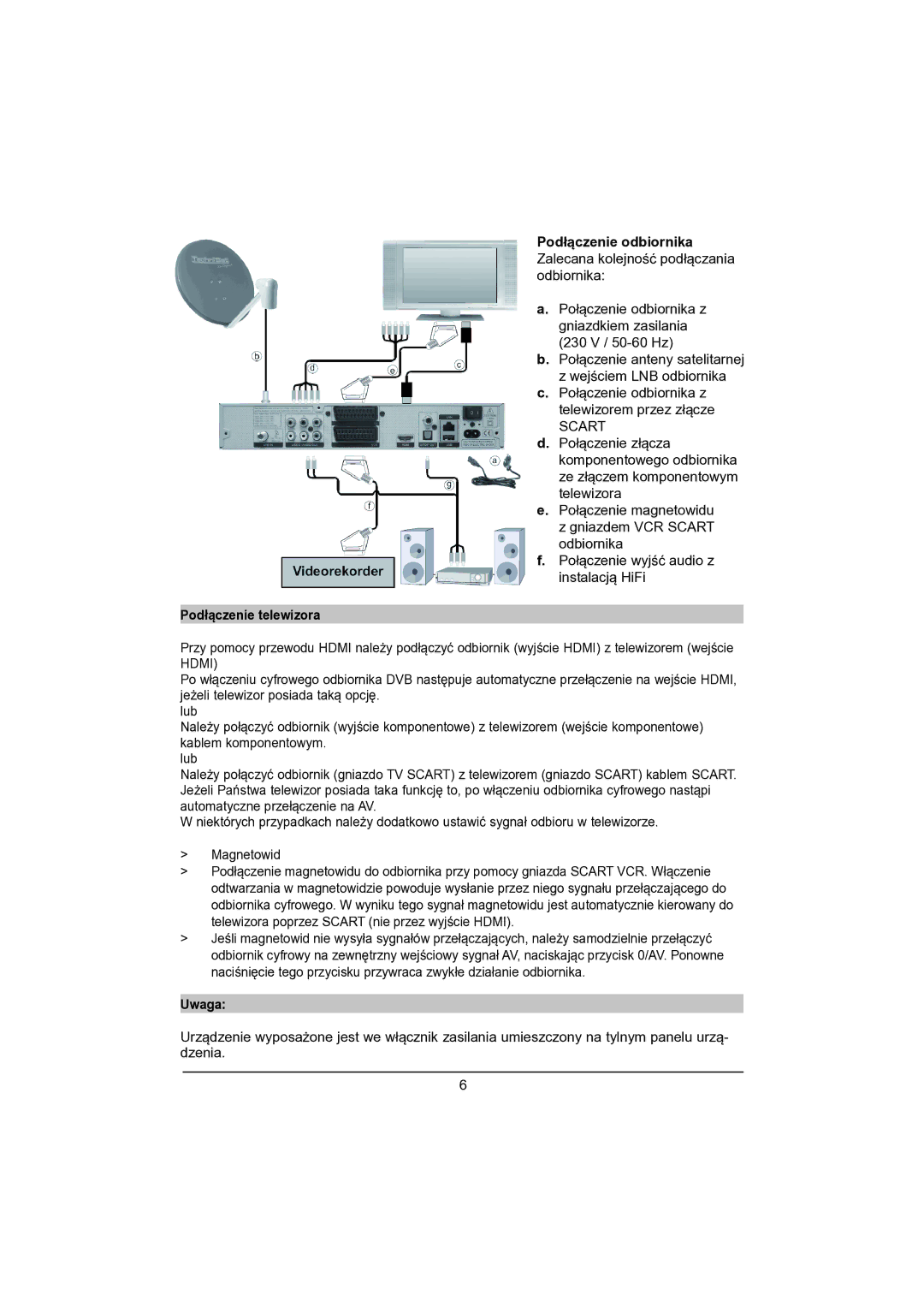 TechniSat DVB-S manual Podłączenie telewizora, Uwaga 