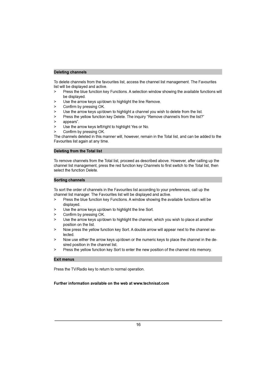 TechniSat DVB-S manual Deleting channels, Deleting from the Total list, Sorting channels, Exit menus 