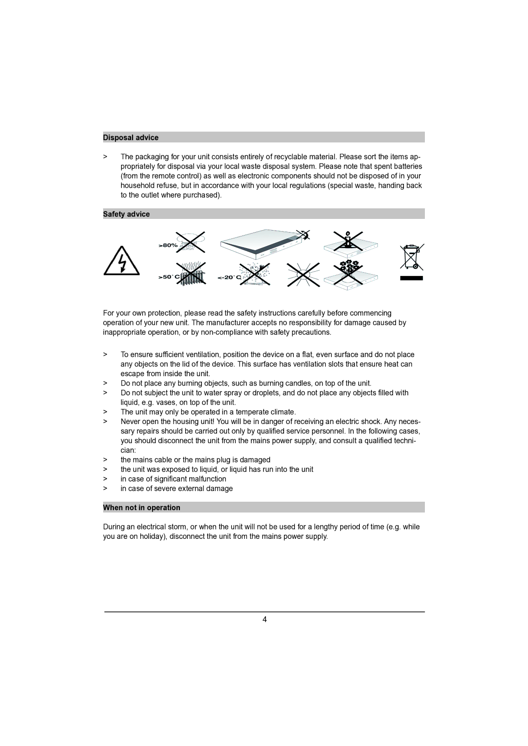 TechniSat DVB-S manual Disposal advice, Safety advice, When not in operation 