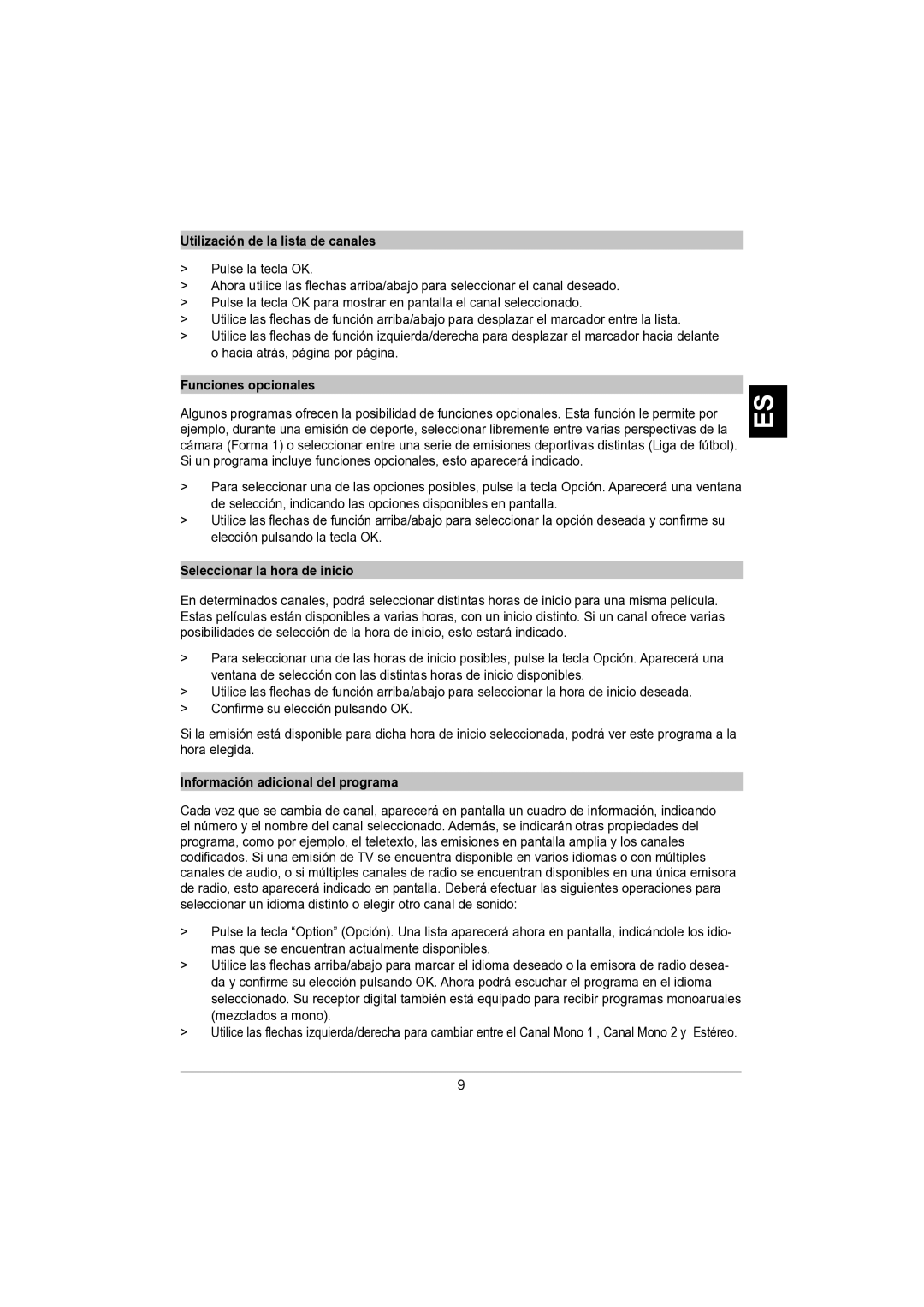 TechniSat DVB-S manual Utilización de la lista de canales, Funciones opcionales, Seleccionar la hora de inicio 