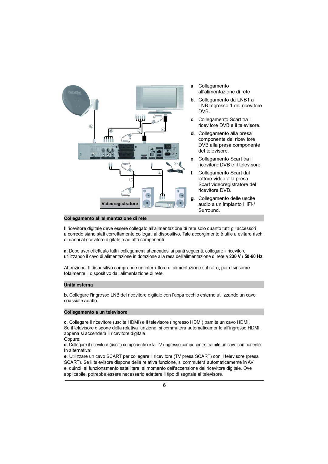 TechniSat DVB-S manual Collegamento allalimentazione di rete, Unità esterna, Collegamento a un televisore 