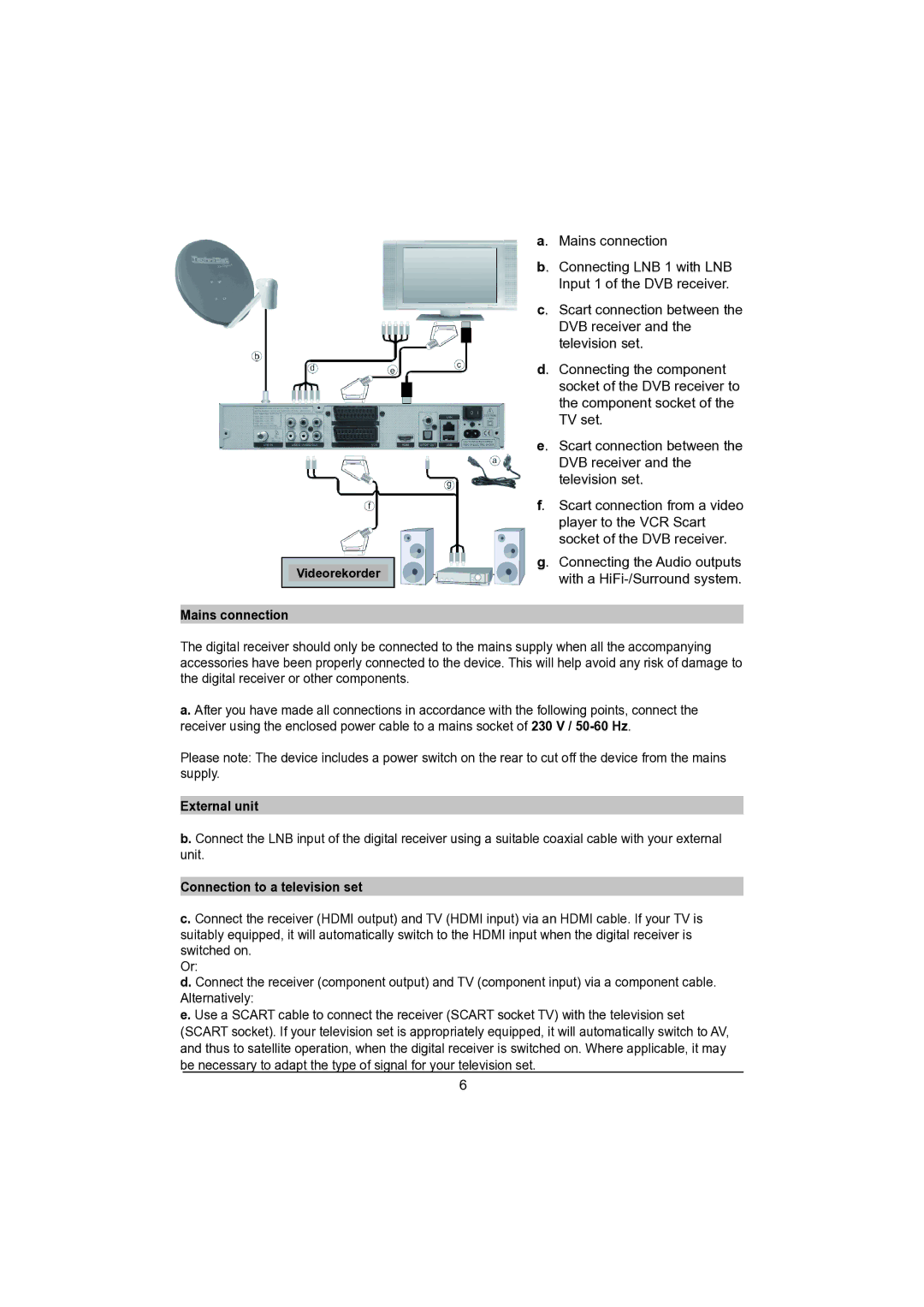 TechniSat DVB-S manual Mains connection, External unit, Connection to a television set 