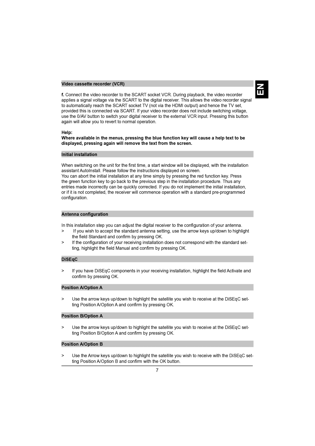 TechniSat DVB-S manual Video cassette recorder VCR, Antenna conﬁguration, DiSEqC, Position A/Option a, Position B/Option a 