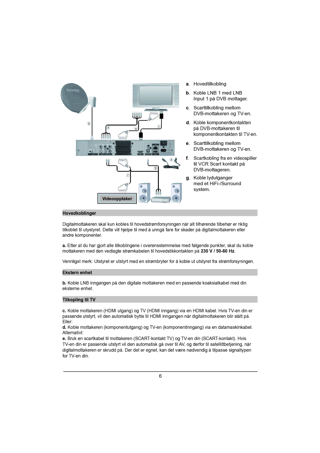 TechniSat DVB-S manual Hovedkoblinger, Ekstern enhet, Tilkopling til TV 