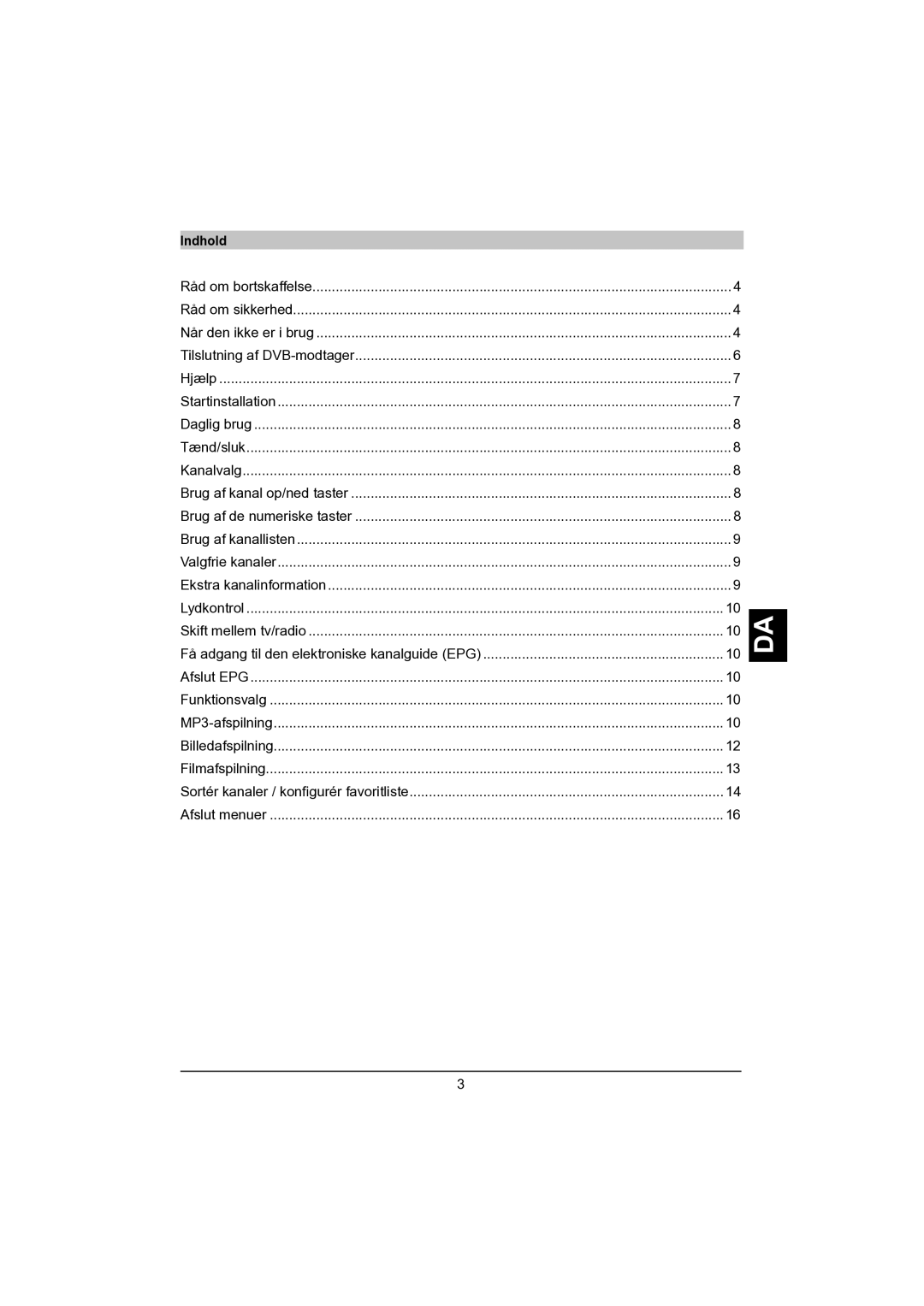 TechniSat DVB-S manual Daen, Indhold 