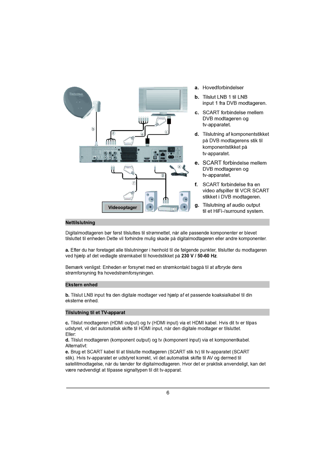 TechniSat DVB-S manual Nettilslutning, Ekstern enhed, Tilslutning til et TV-apparat 