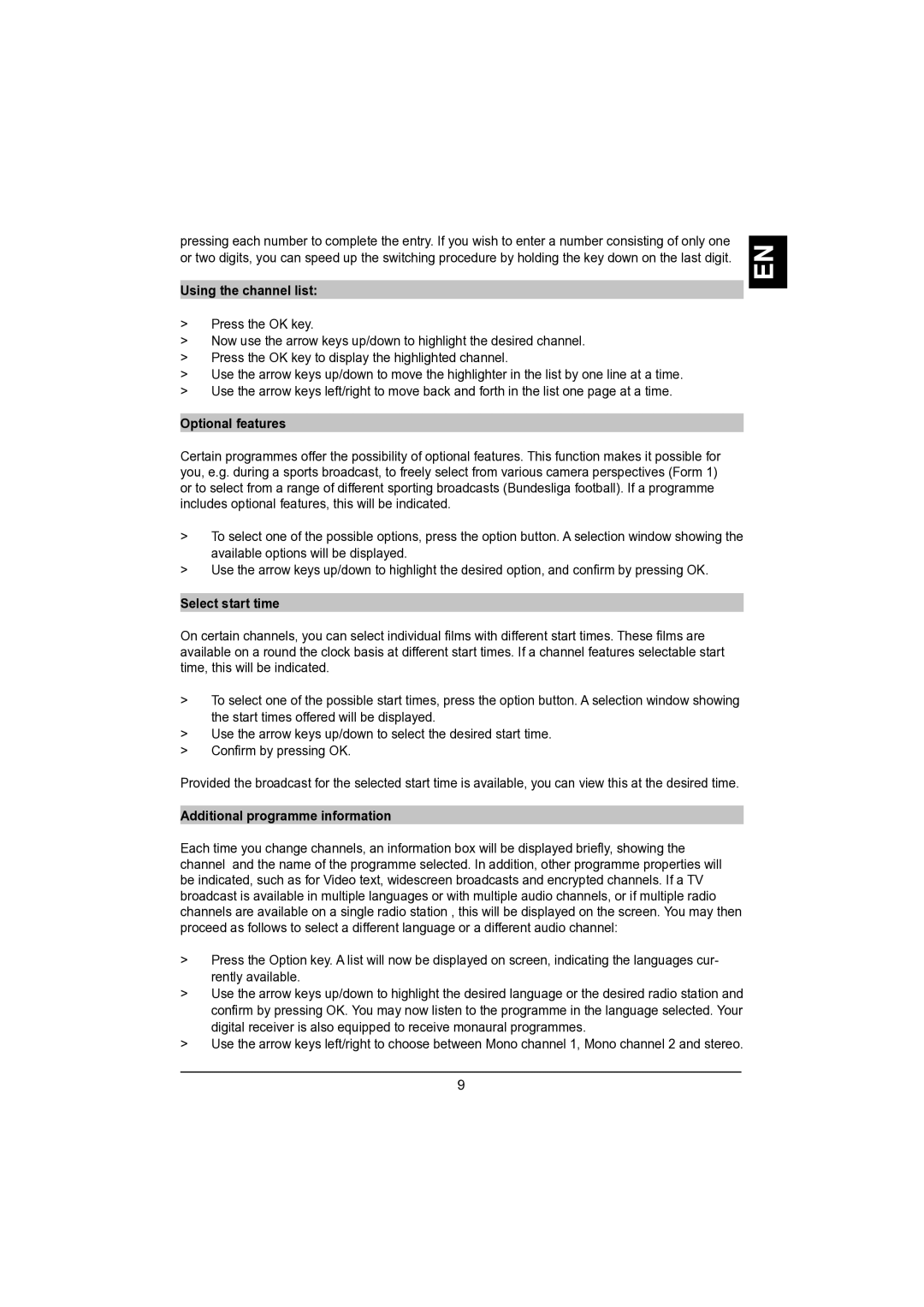 TechniSat DVB-S manual Using the channel list, Optional features, Select start time, Additional programme information 