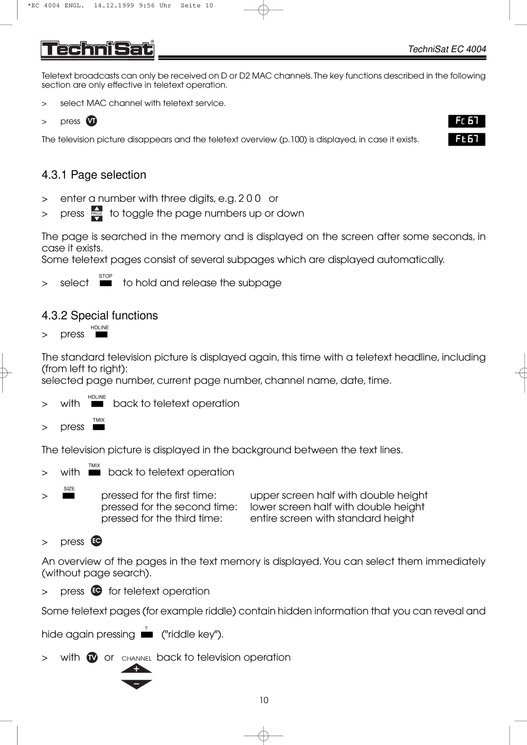 TechniSat EC 4004 manual Selection, Special functions 