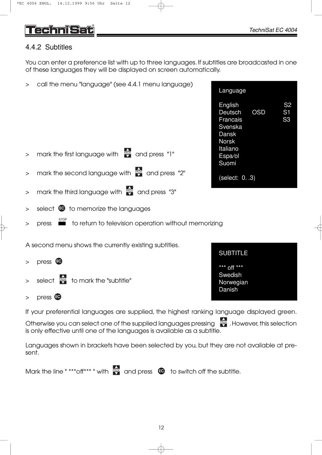 TechniSat EC 4004 manual Subtitles 