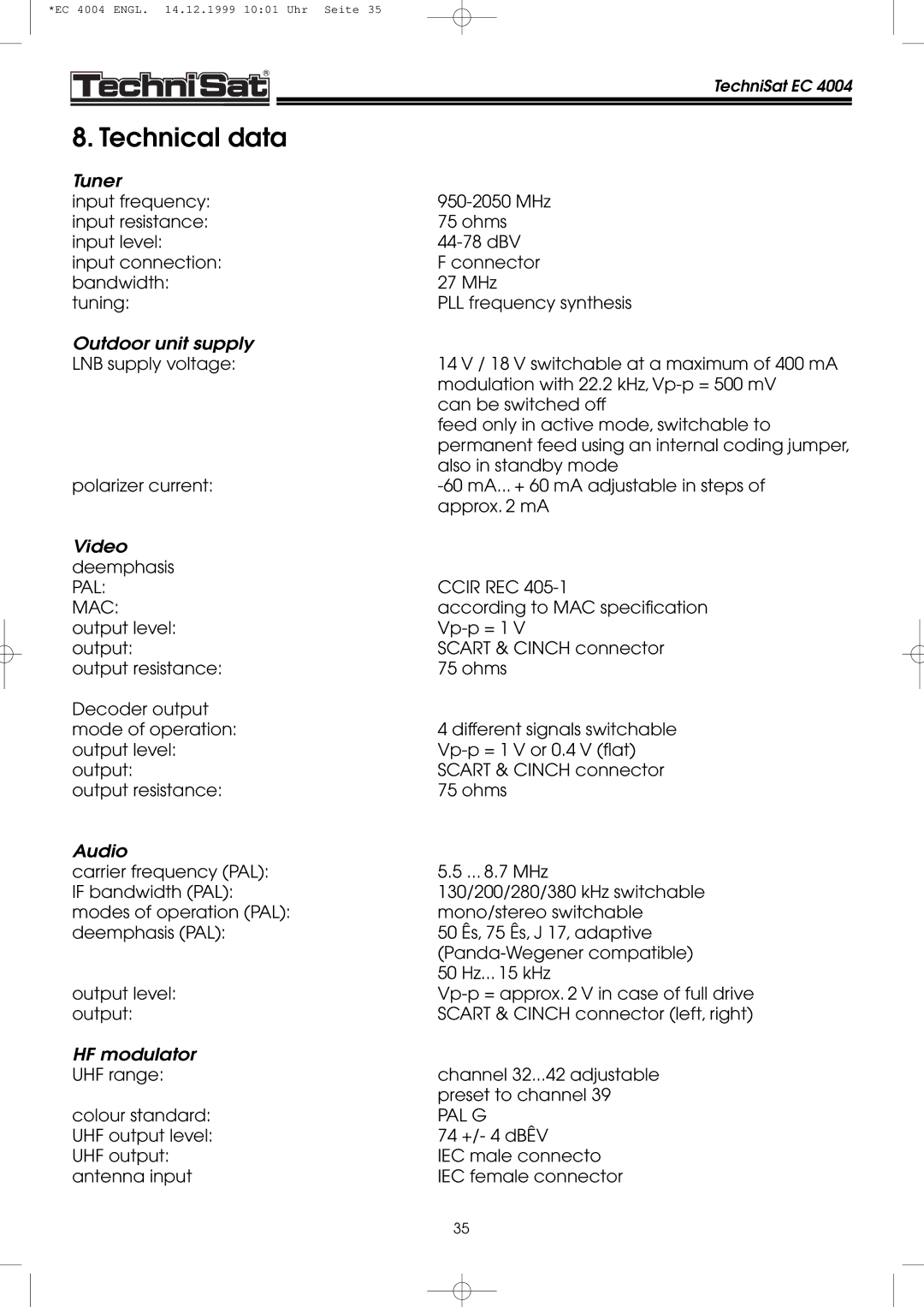 TechniSat EC 4004 manual Technical data, Mac 