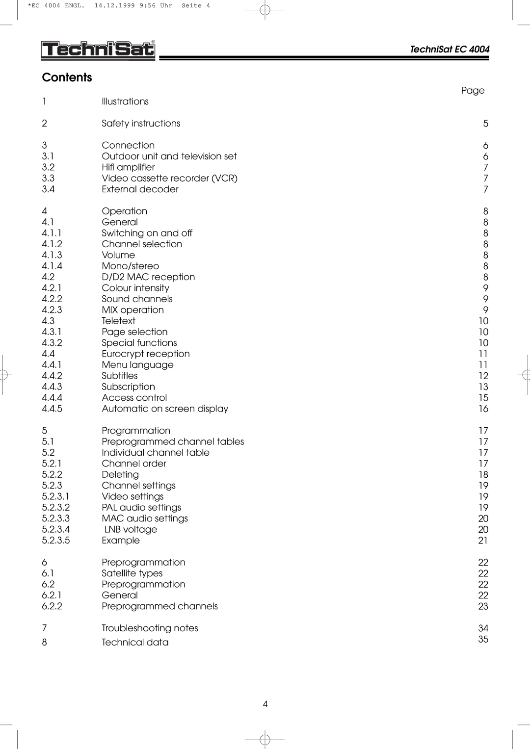 TechniSat EC 4004 manual Contents 