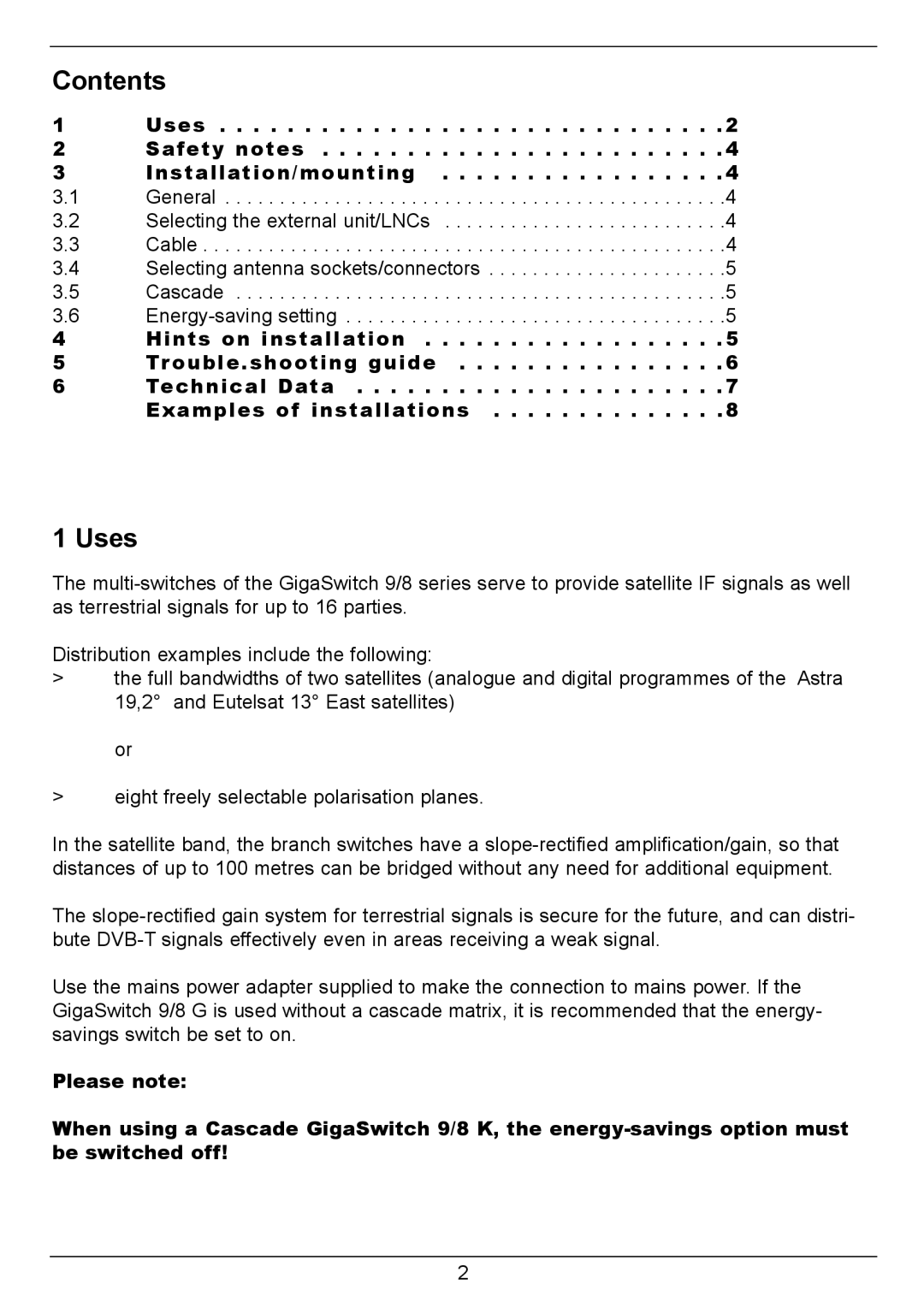 TechniSat GigaSwitch 9/8 installation instructions Contents, Uses 