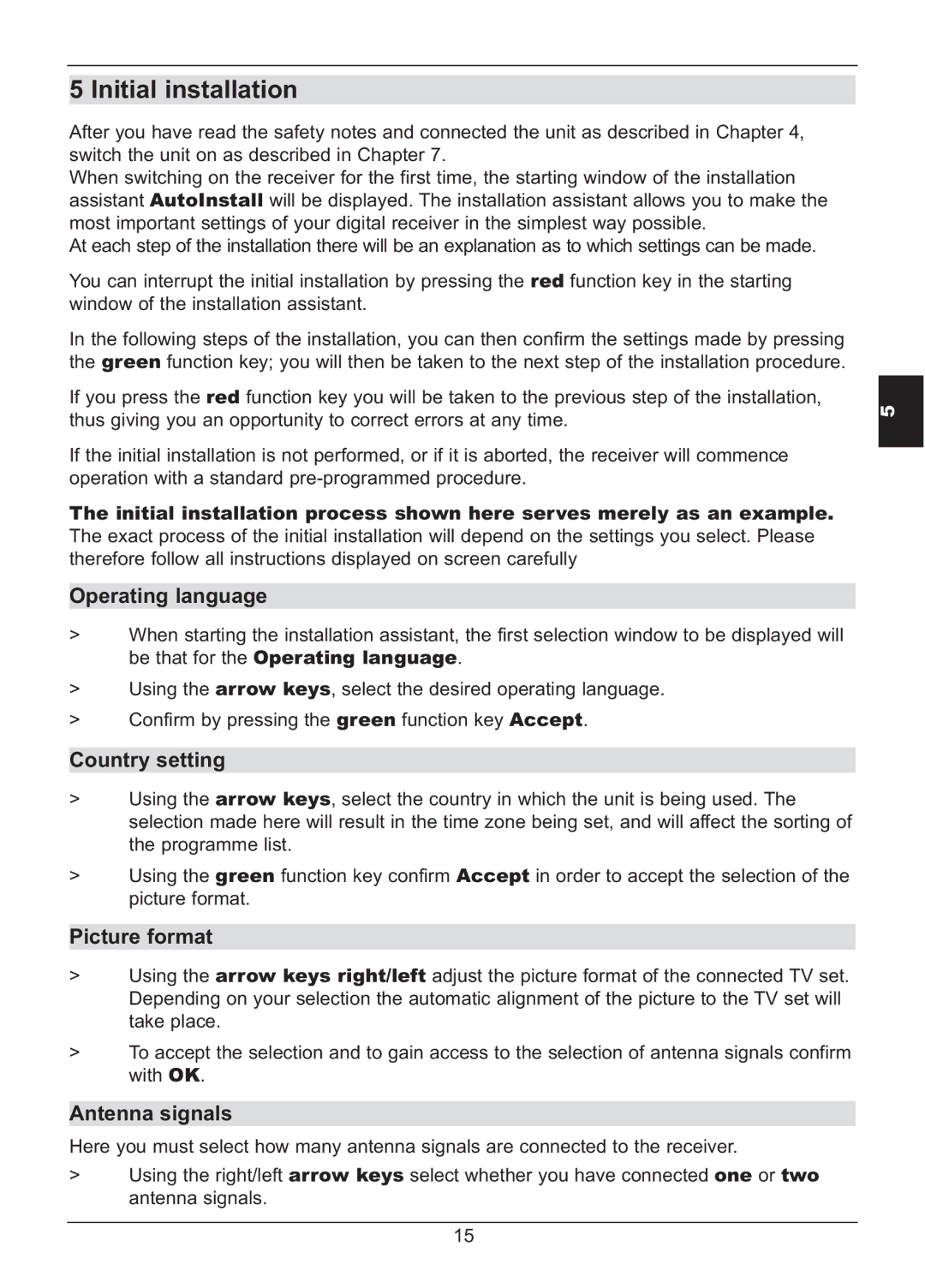 TechniSat HD S2X manual Initial installation, Operating language, Country setting, Picture format, Antenna signals 