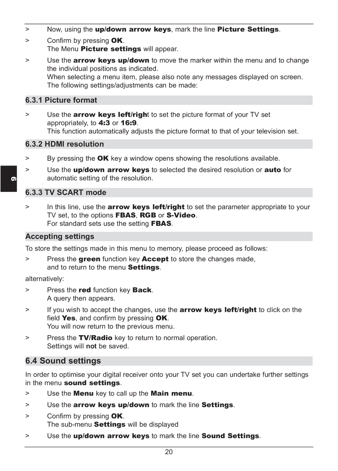 TechniSat HD S2X manual Sound settings, Hdmi resolution, TV Scart mode 