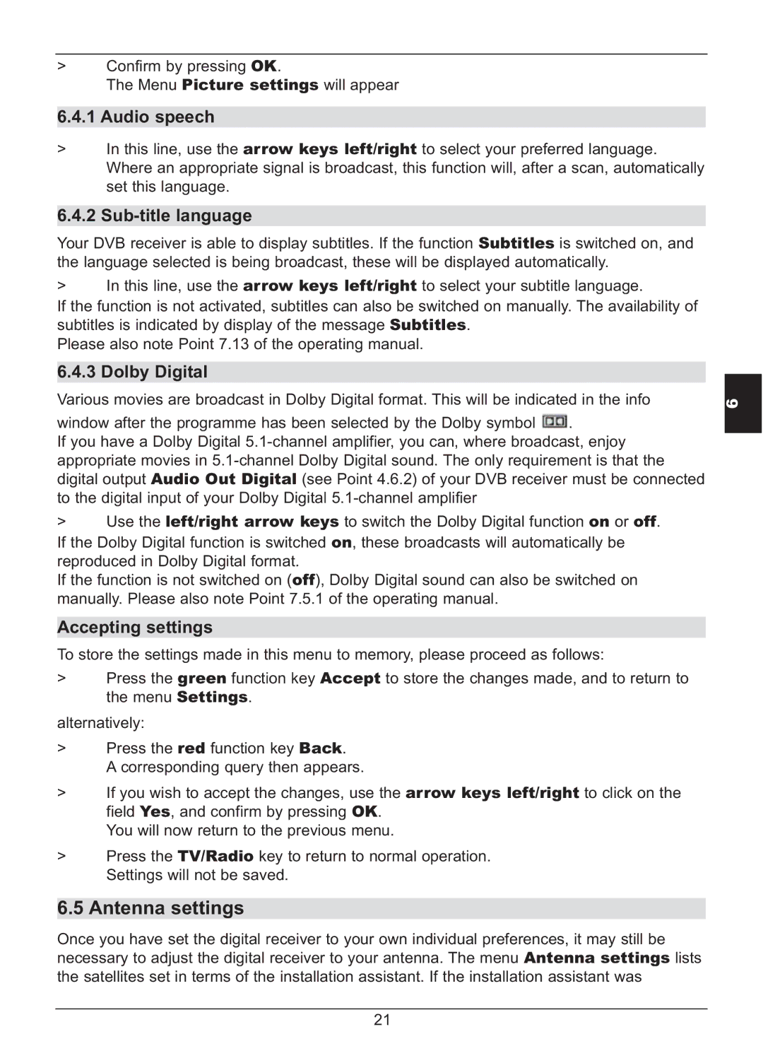 TechniSat HD S2X manual Antenna settings, Audio speech, Sub-title language, Dolby Digital 