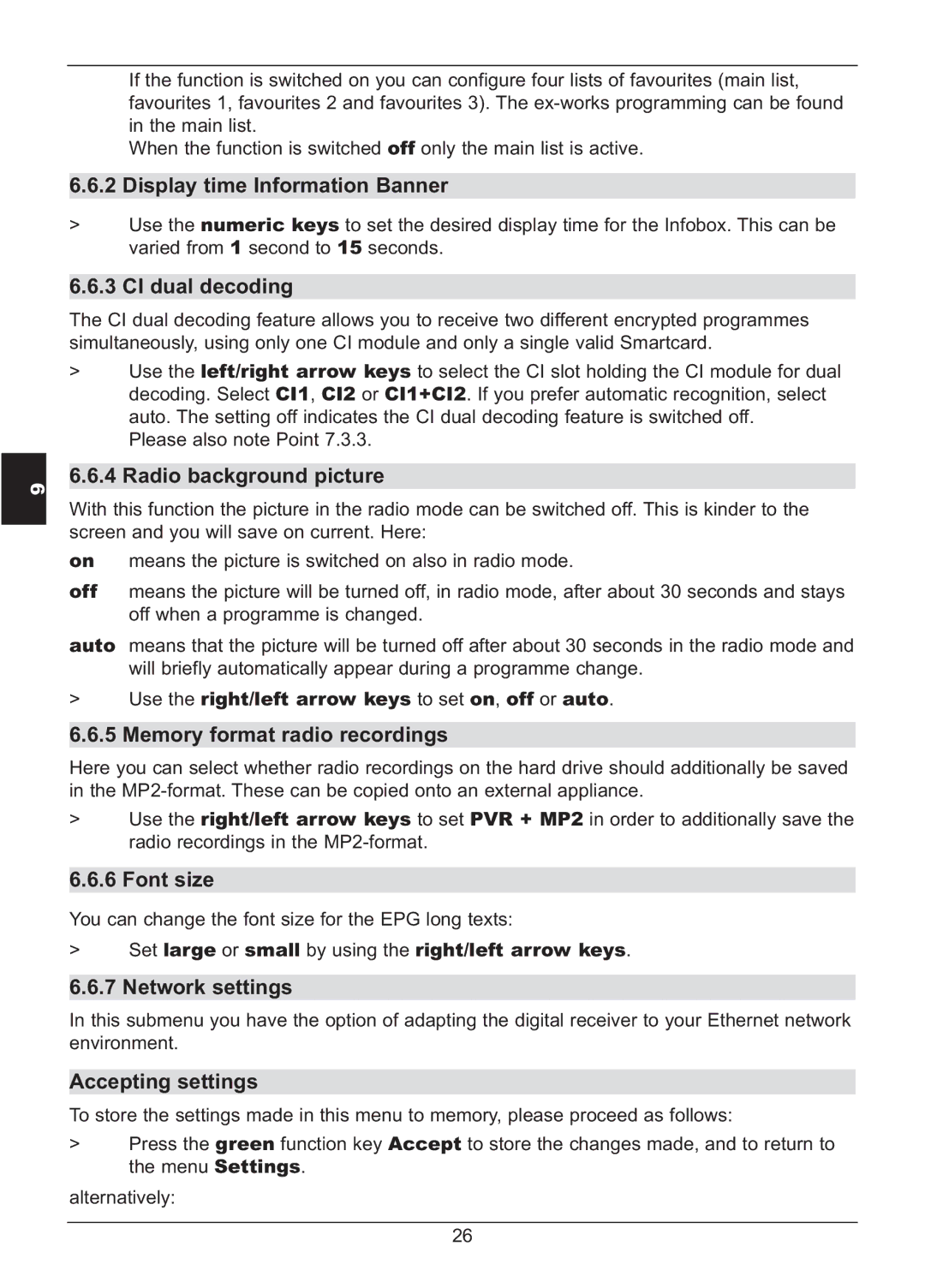 TechniSat HD S2X Display time Information Banner, CI dual decoding, Radio background picture, Font size, Network settings 