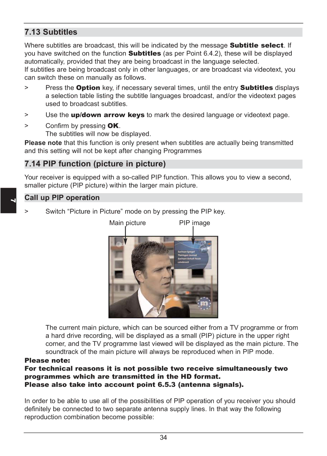 TechniSat HD S2X manual Subtitles, PIP function picture in picture, Call up PIP operation 