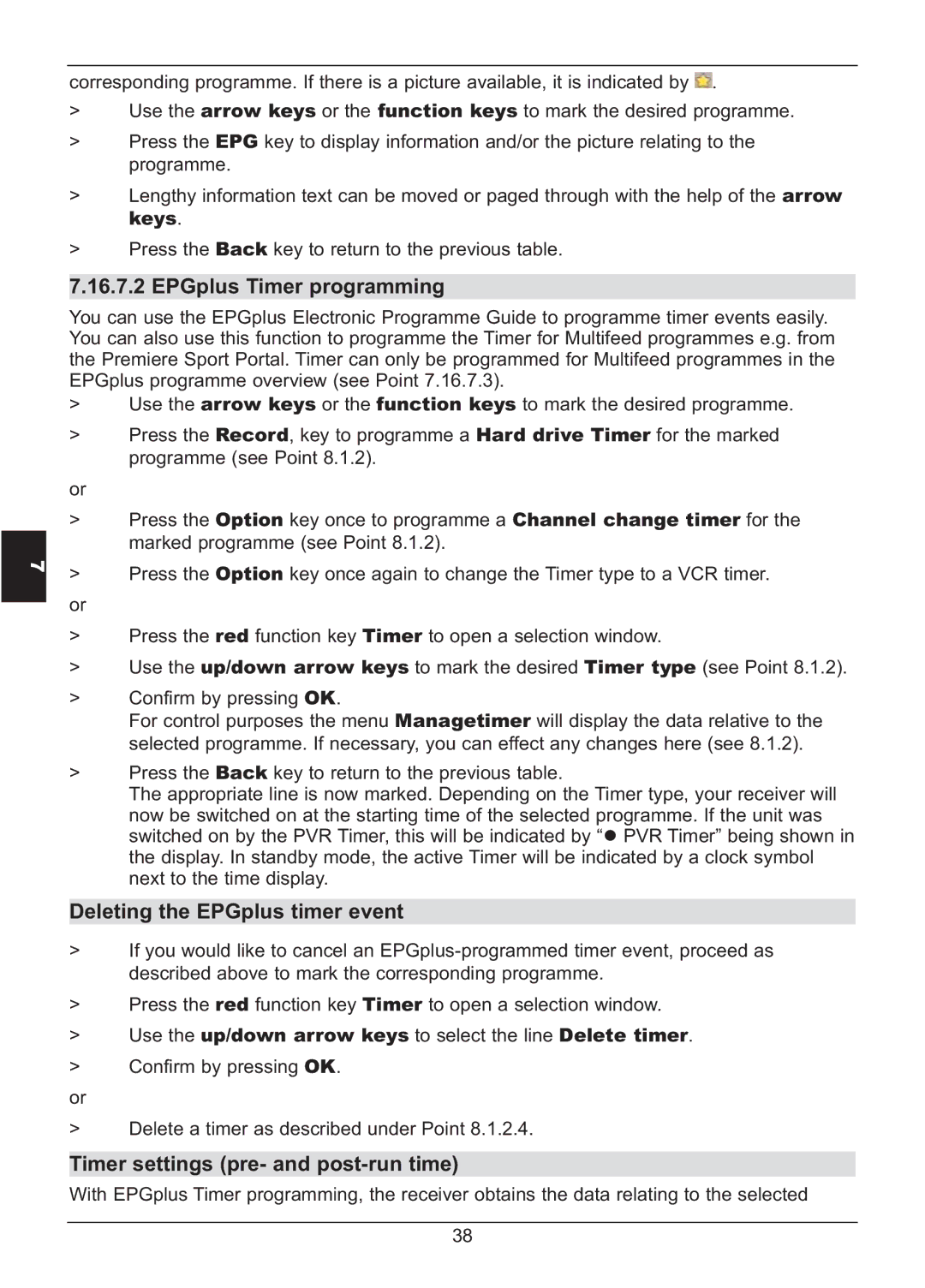 TechniSat HD S2X manual EPGplus Timer programming, Deleting the EPGplus timer event, Timer settings pre- and post-run time 