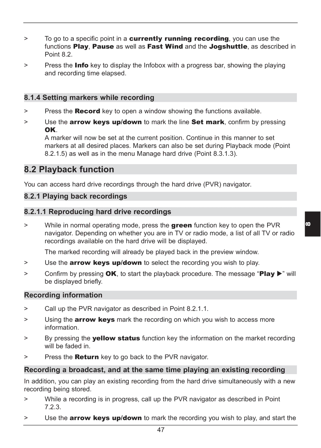 TechniSat HD S2X manual Playback function, Setting markers while recording, Recording information 