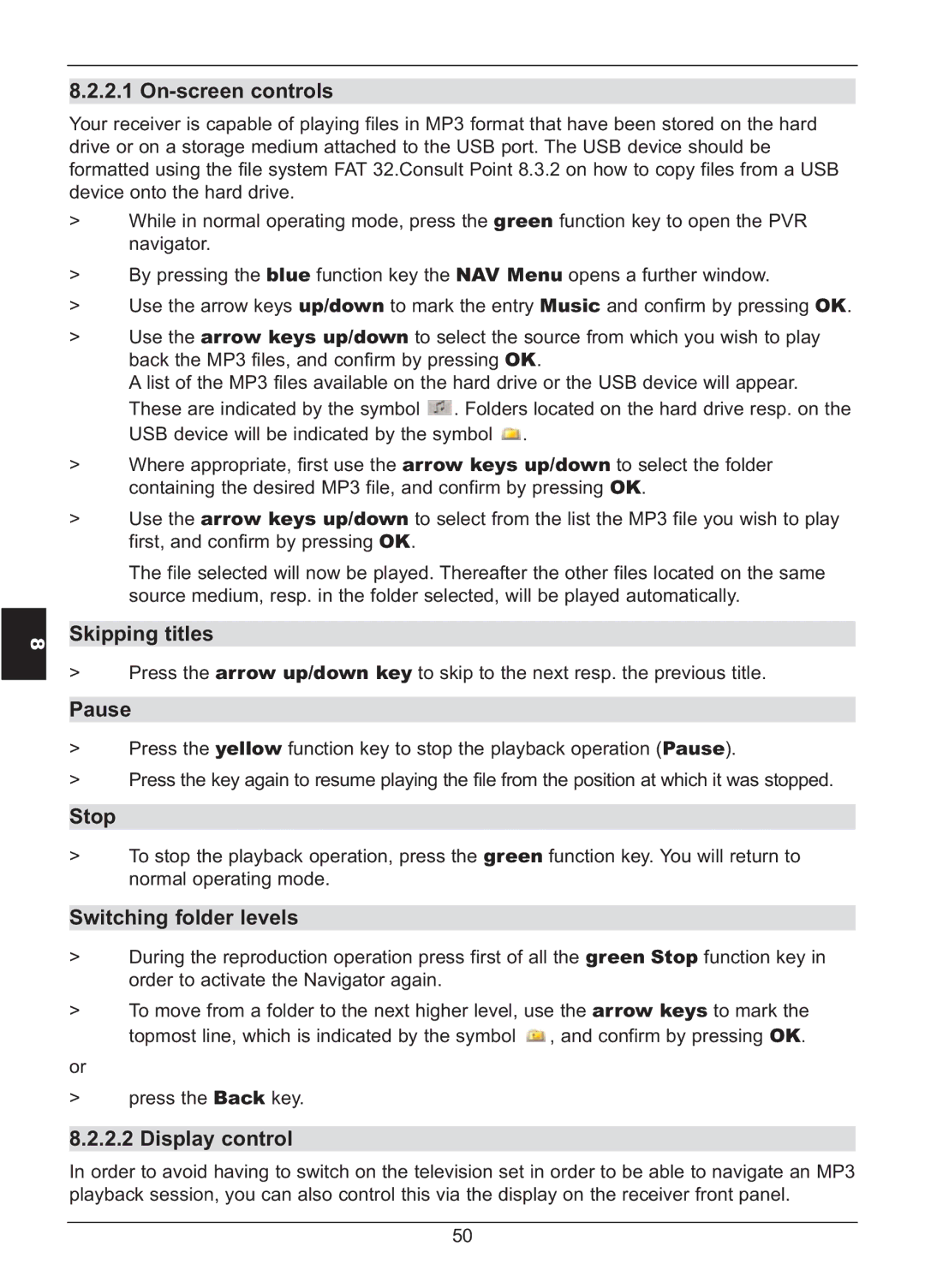 TechniSat HD S2X manual On-screen controls, Skipping titles, Pause, Stop, Switching folder levels, Display control 