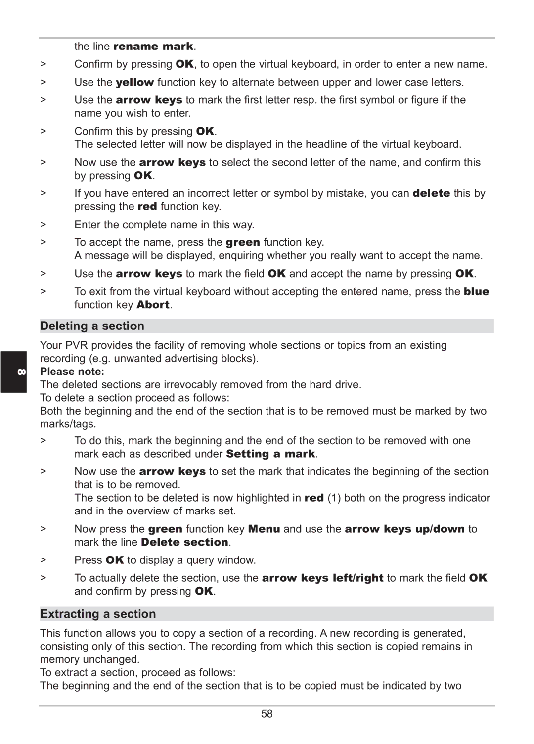 TechniSat HD S2X manual Deleting a section, Extracting a section, Line rename mark 