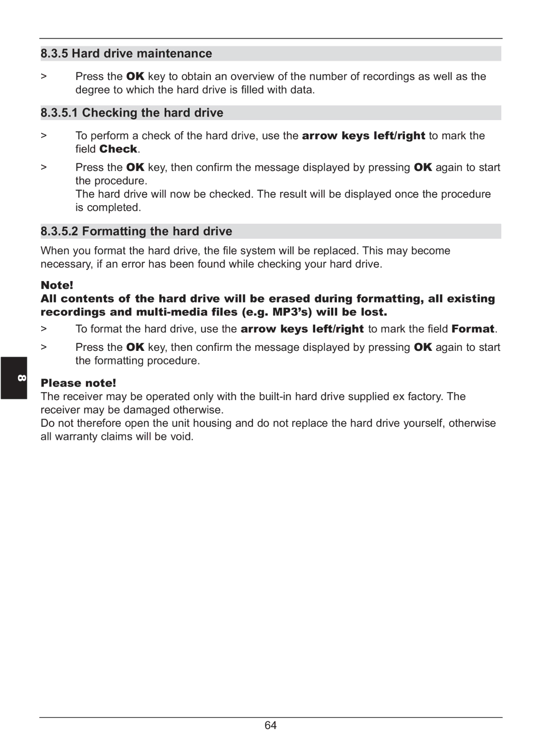 TechniSat HD S2X manual Hard drive maintenance, Checking the hard drive, Formatting the hard drive 
