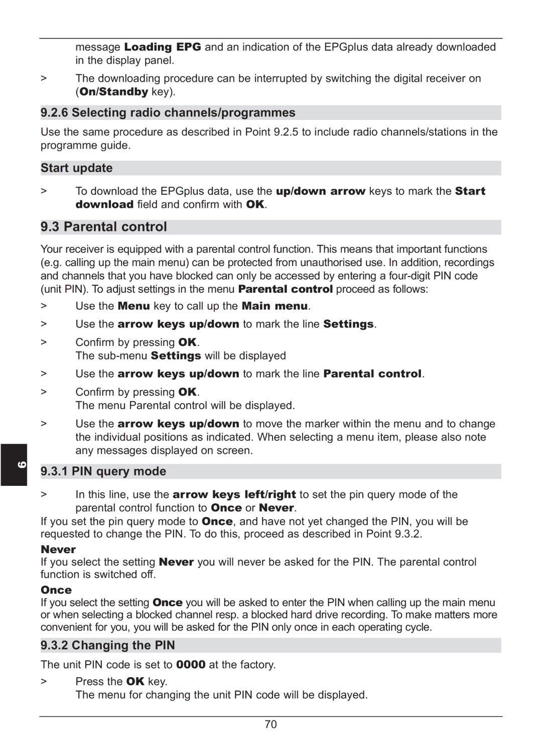 TechniSat HD S2X Parental control, Selecting radio channels/programmes, Start update, PIN query mode, Changing the PIN 