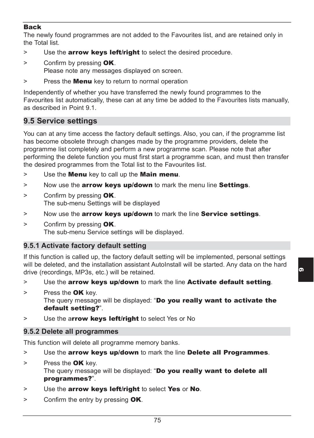 TechniSat HD S2X manual Service settings, Activate factory default setting, Delete all programmes, Back 