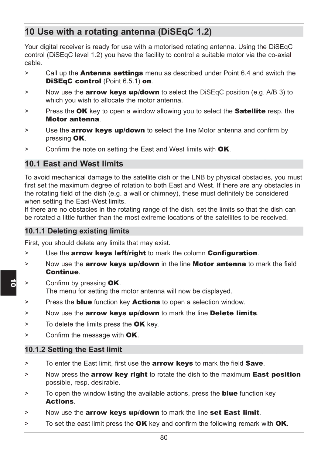TechniSat HD S2X manual Use with a rotating antenna DiSEqC, East and West limits, Deleting existing limits 