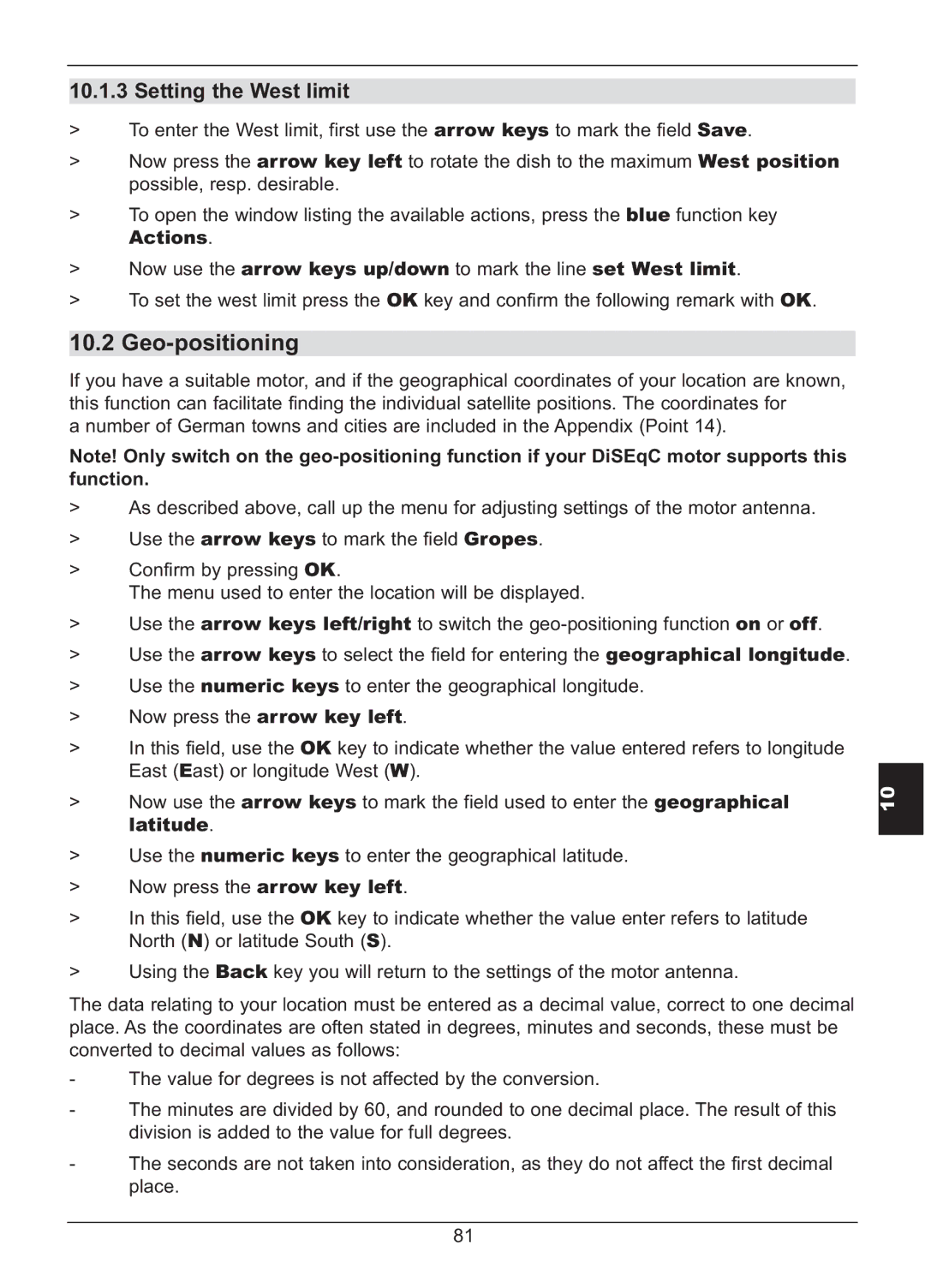 TechniSat HD S2X manual Geo-positioning, Setting the West limit 