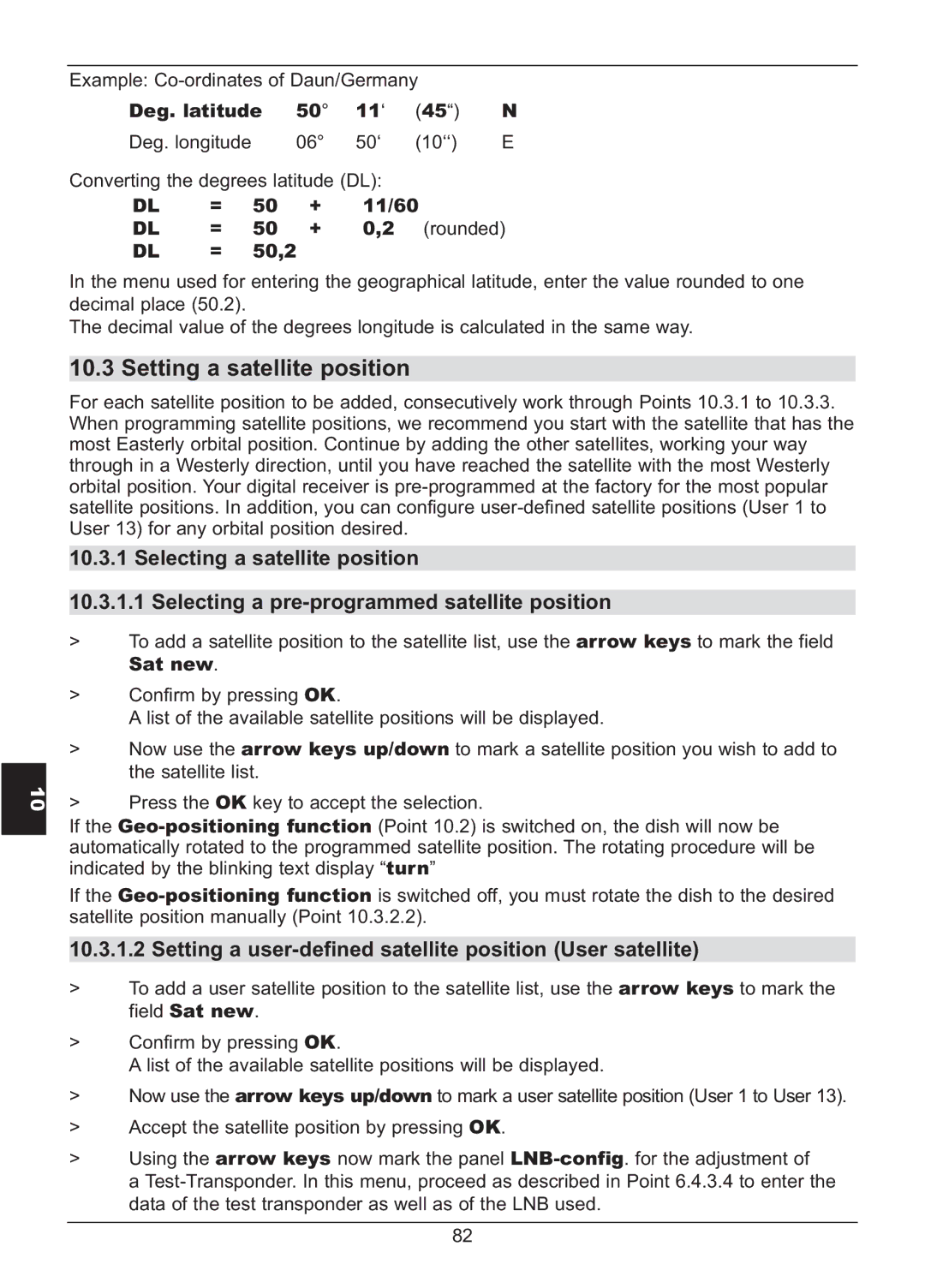 TechniSat HD S2X manual Setting a satellite position, Setting a user-defined satellite position User satellite 