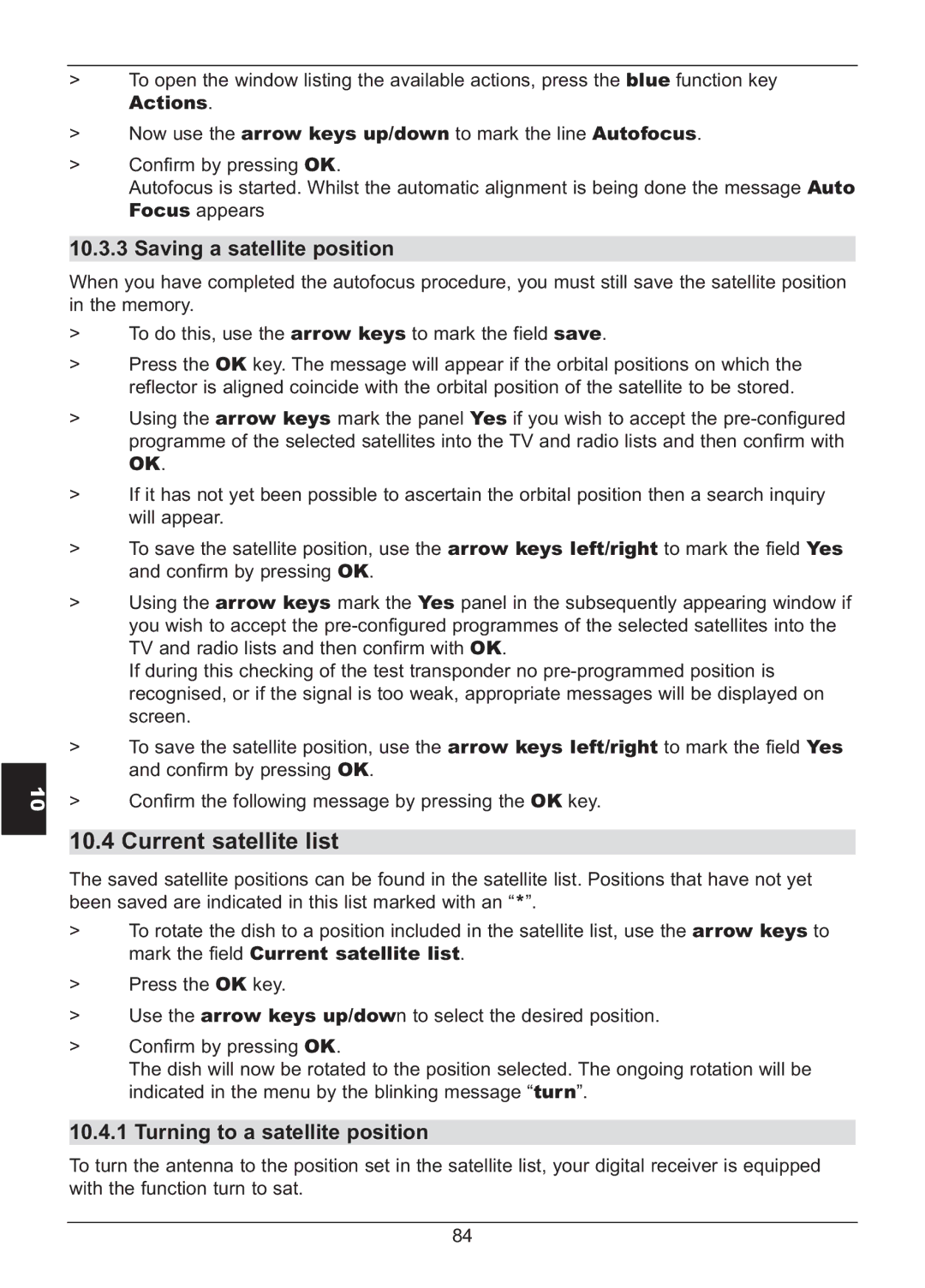 TechniSat HD S2X manual Current satellite list, Saving a satellite position, Turning to a satellite position, Actions 