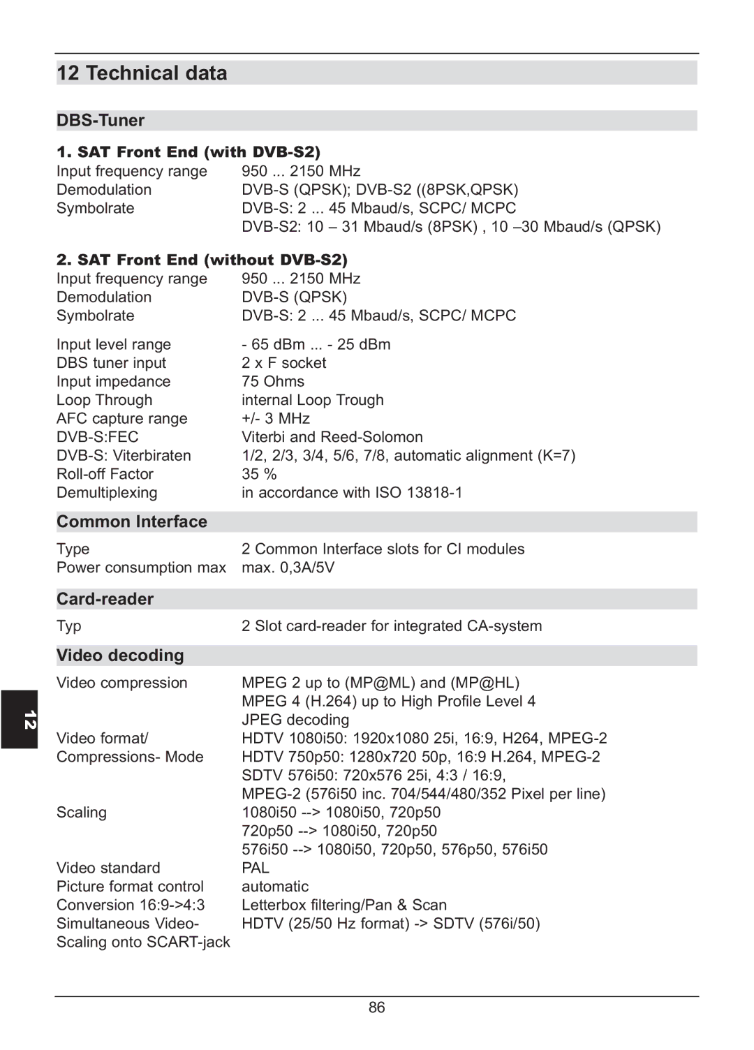 TechniSat HD S2X manual Technical data, DBS-Tuner, Common Interface, Card-reader, Video decoding 